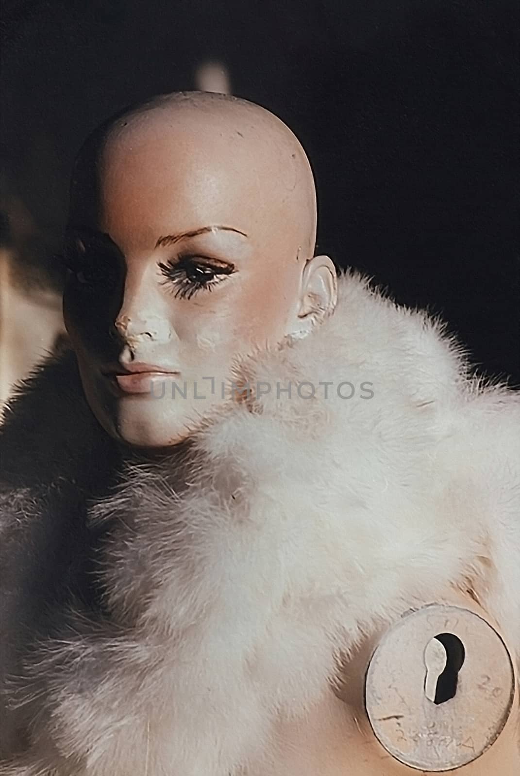 Woman mannequin without hand wears fur