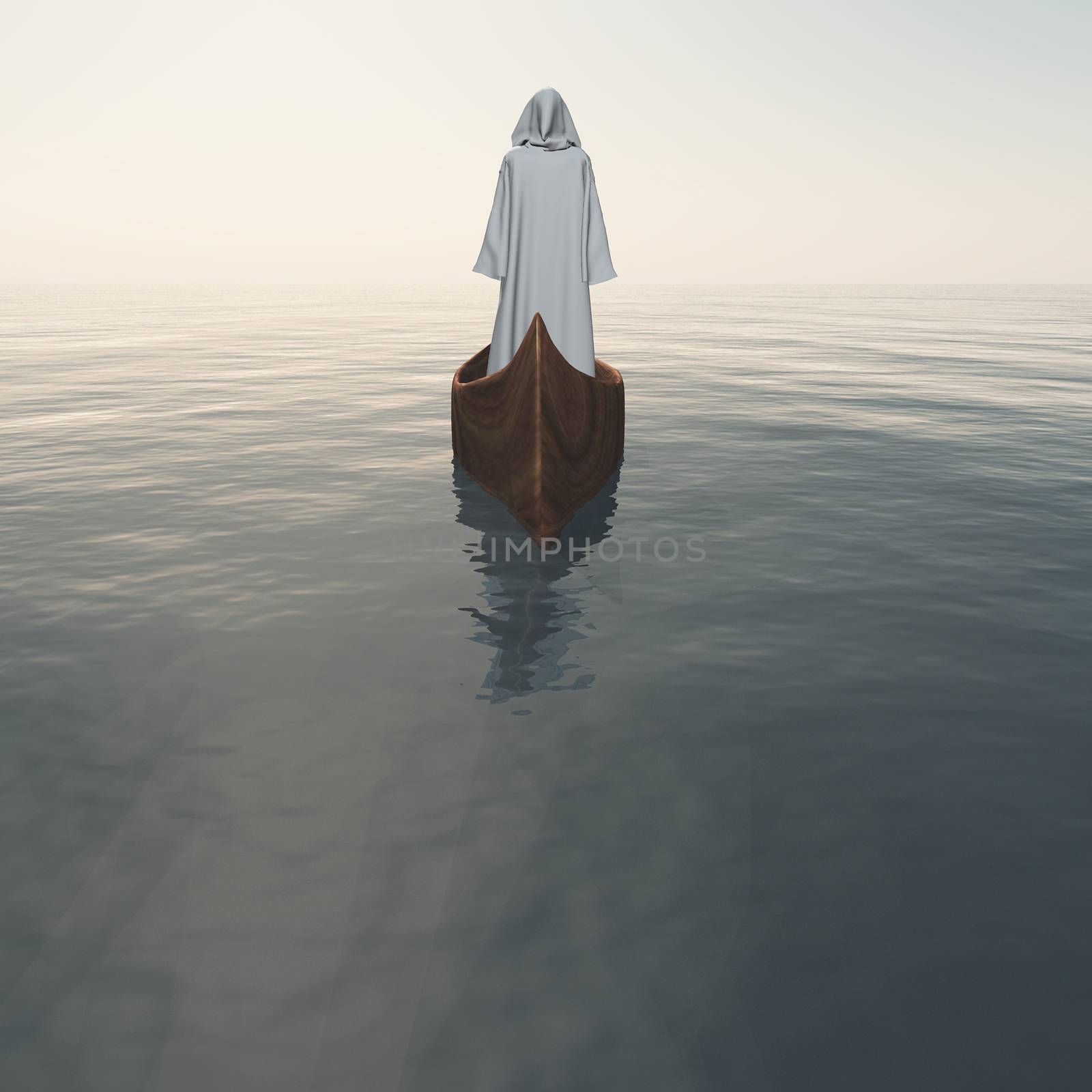 Figure in white cloak floats in the boat