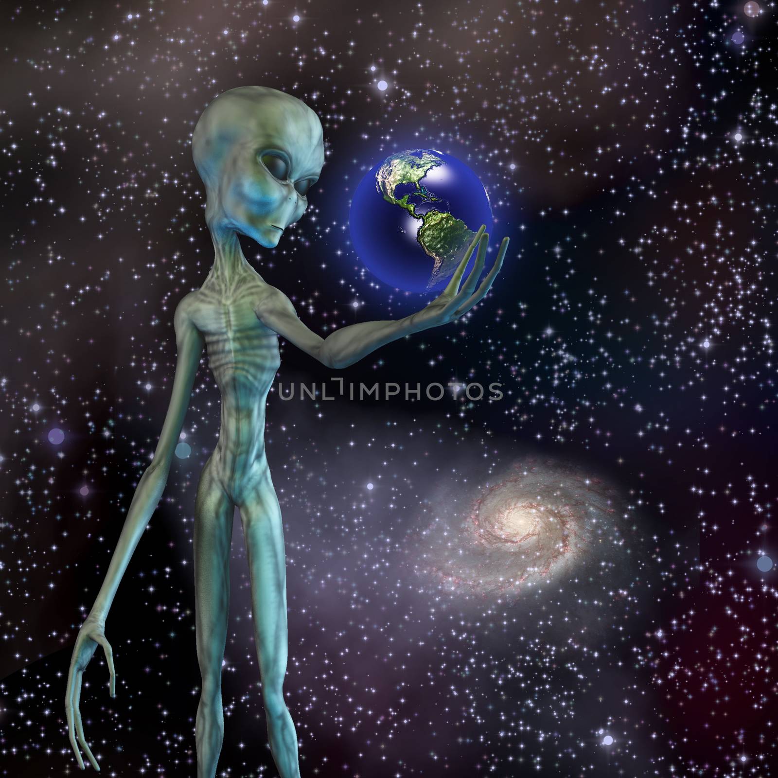 Alien being ponders earth. Spiral galaxy in starry space