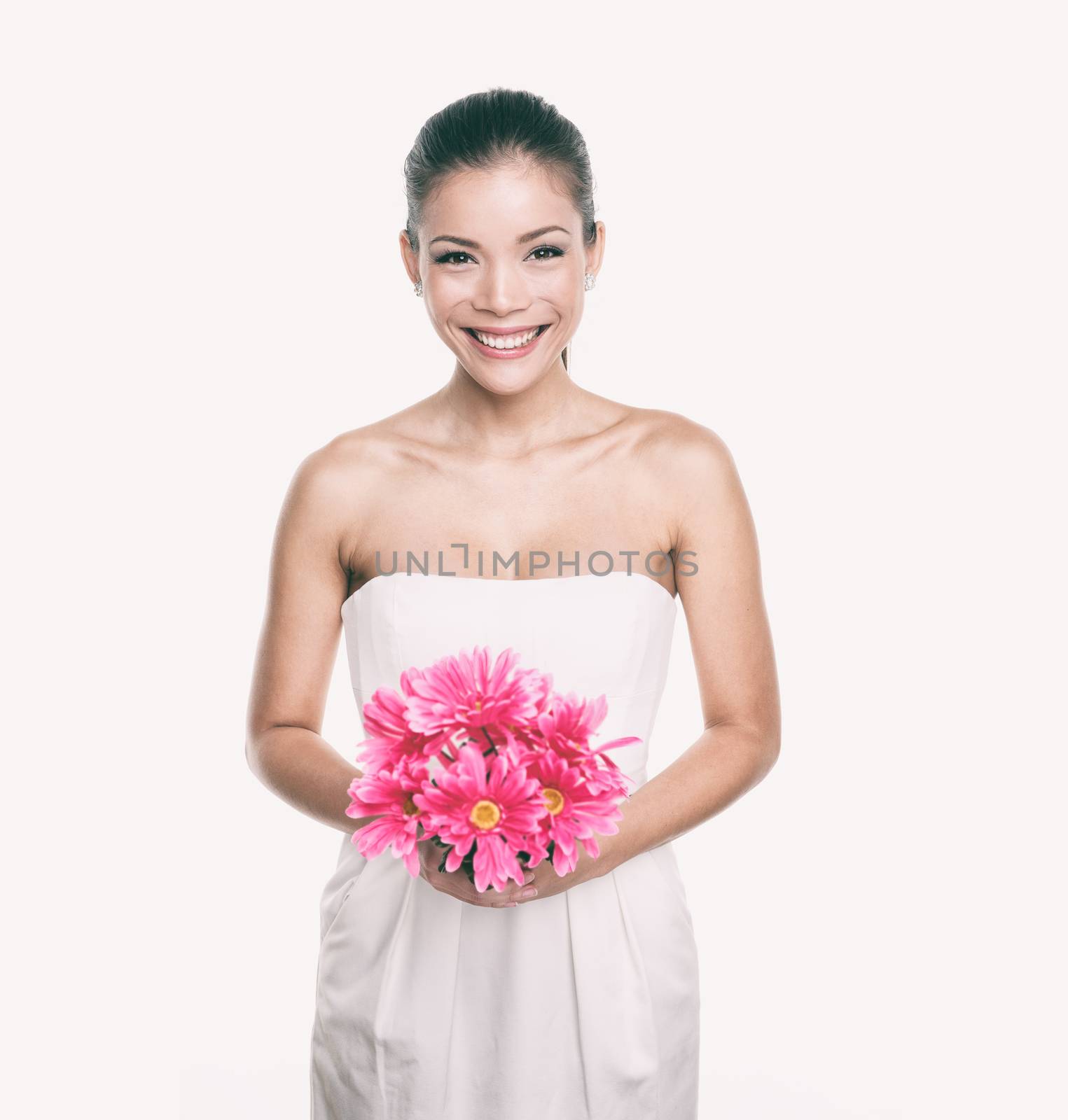 Bridesmaid wedding dress girl with flower bouquet. Asian woman beauty in studio. Maid of honor or bride getting married. by Maridav