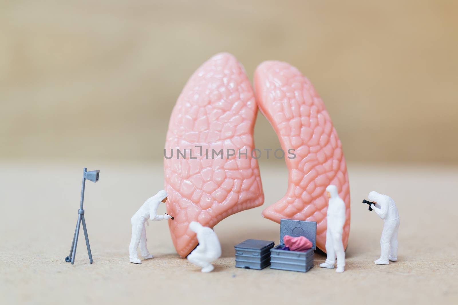Miniature people , Scientist observing and discussing about human lungs , Virus and bacteria infected Concept