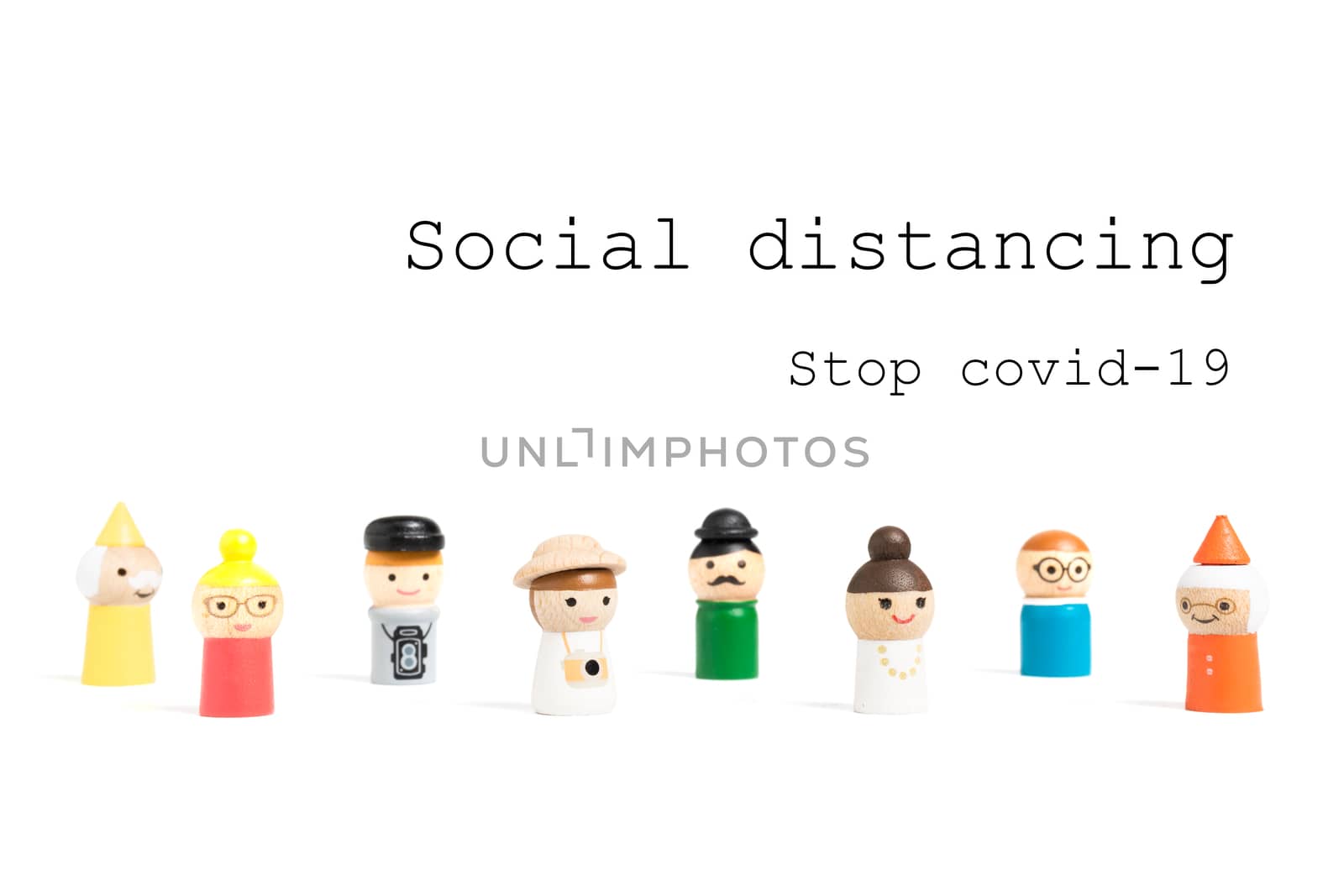 Stop COVID-19 Social distancing text with miniature people on white background. Social distancing concept
