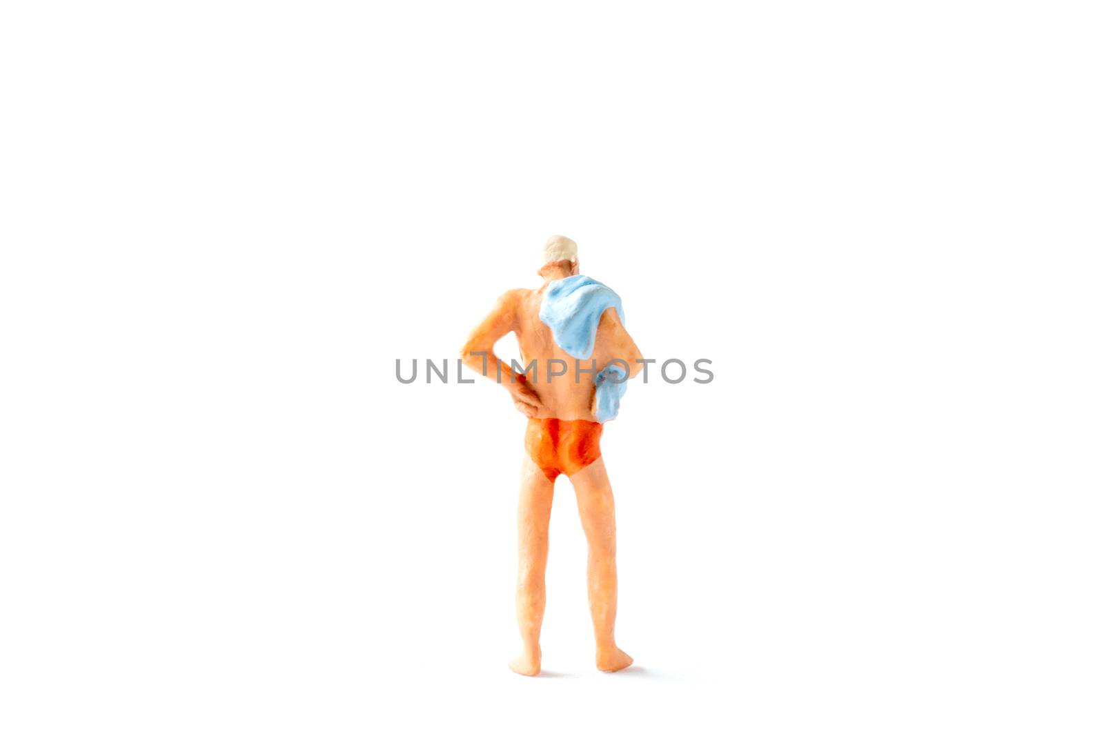 Miniature people wearing swimsuit  standing on white background , Summer time concept