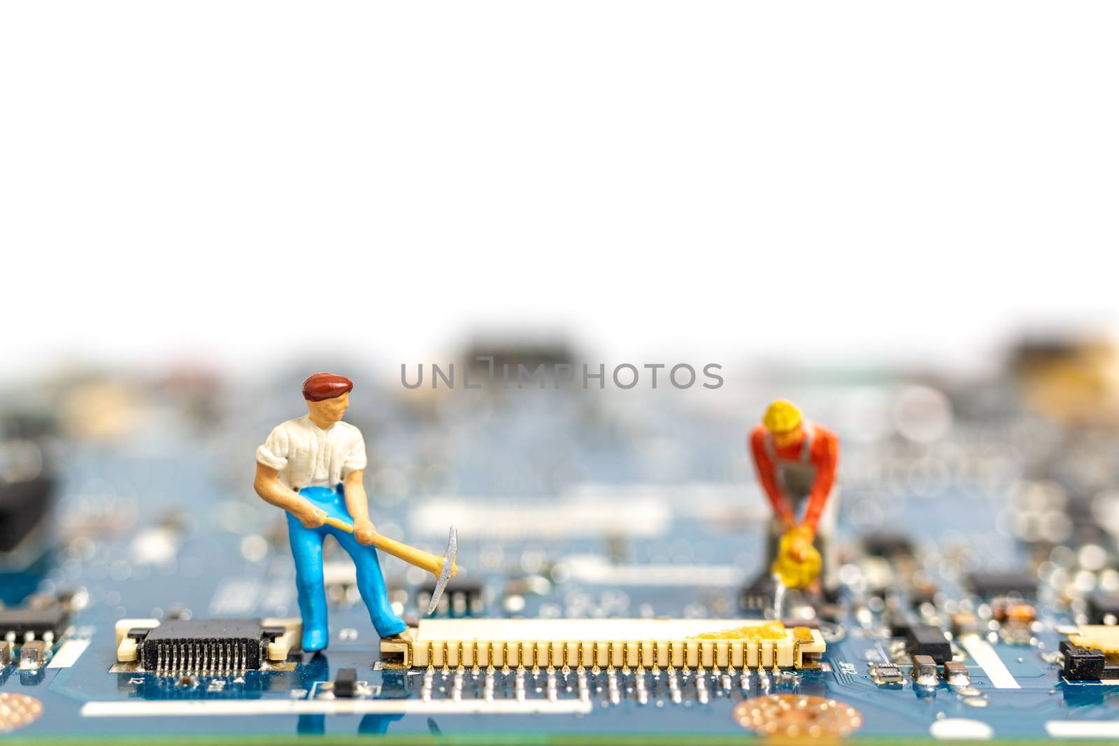 Miniature people working on cpu board, Technology concept