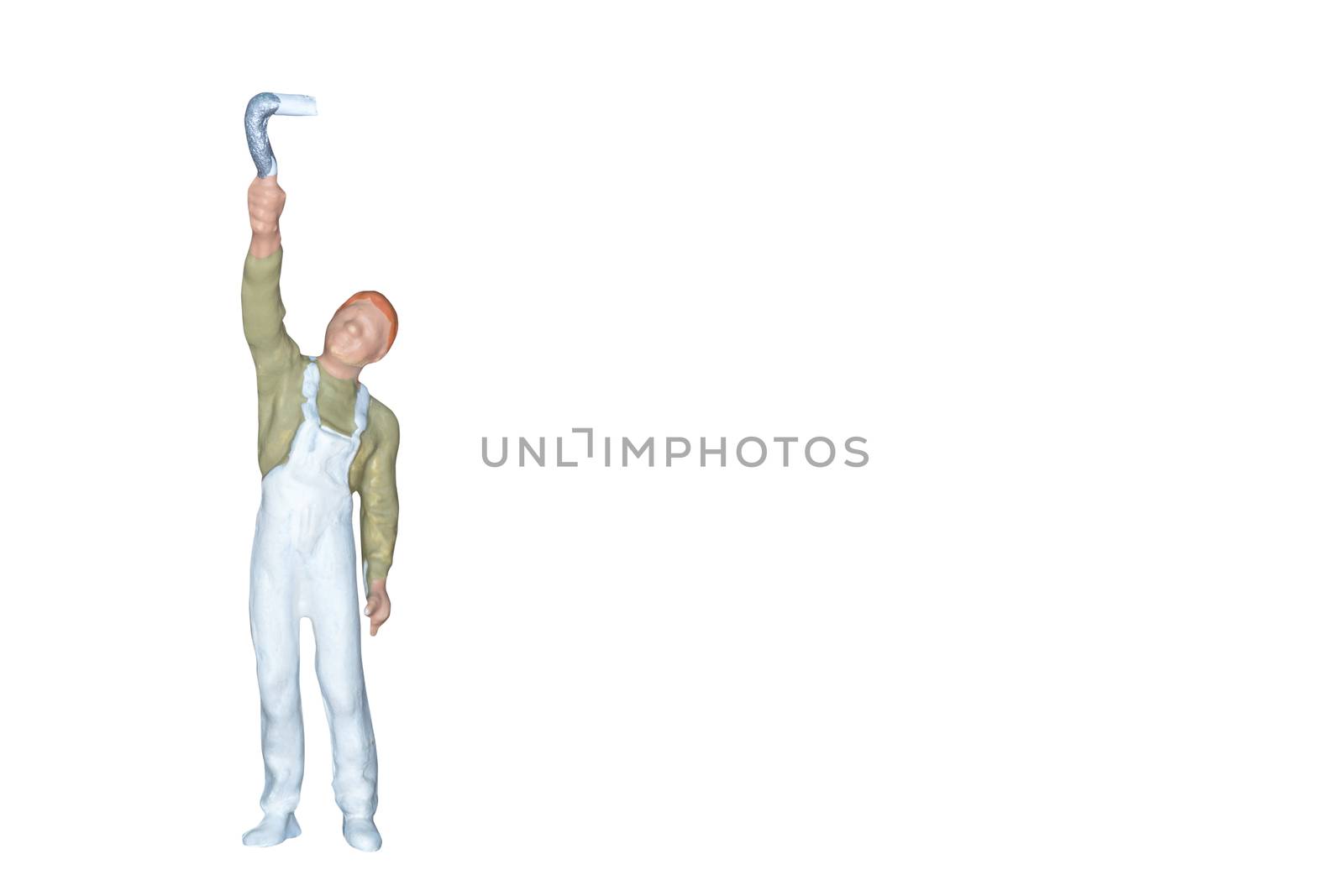 Miniature people : Painter holding a brush isolated on white and clipping path