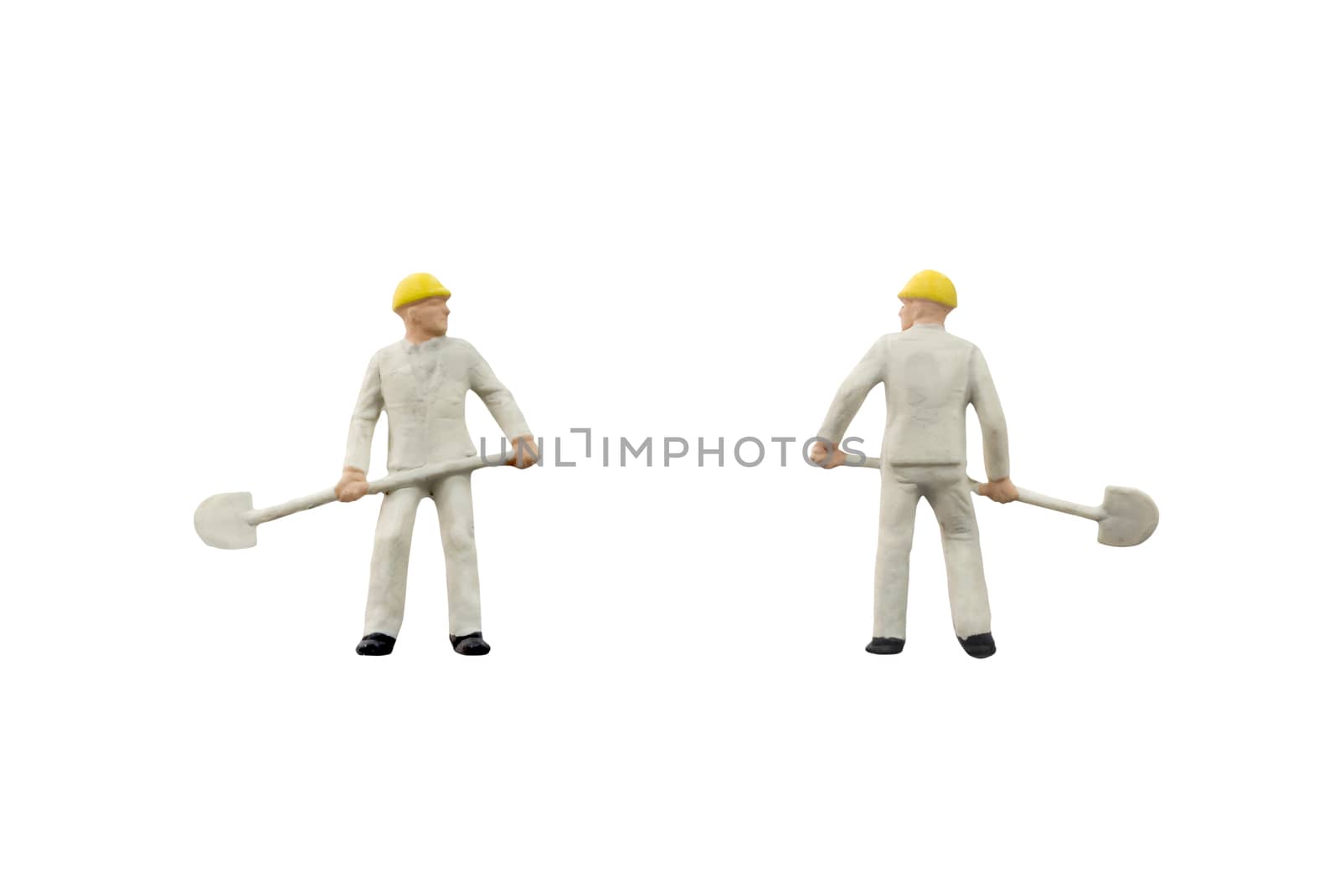 Miniature people worker construction concept on white background with clipping path