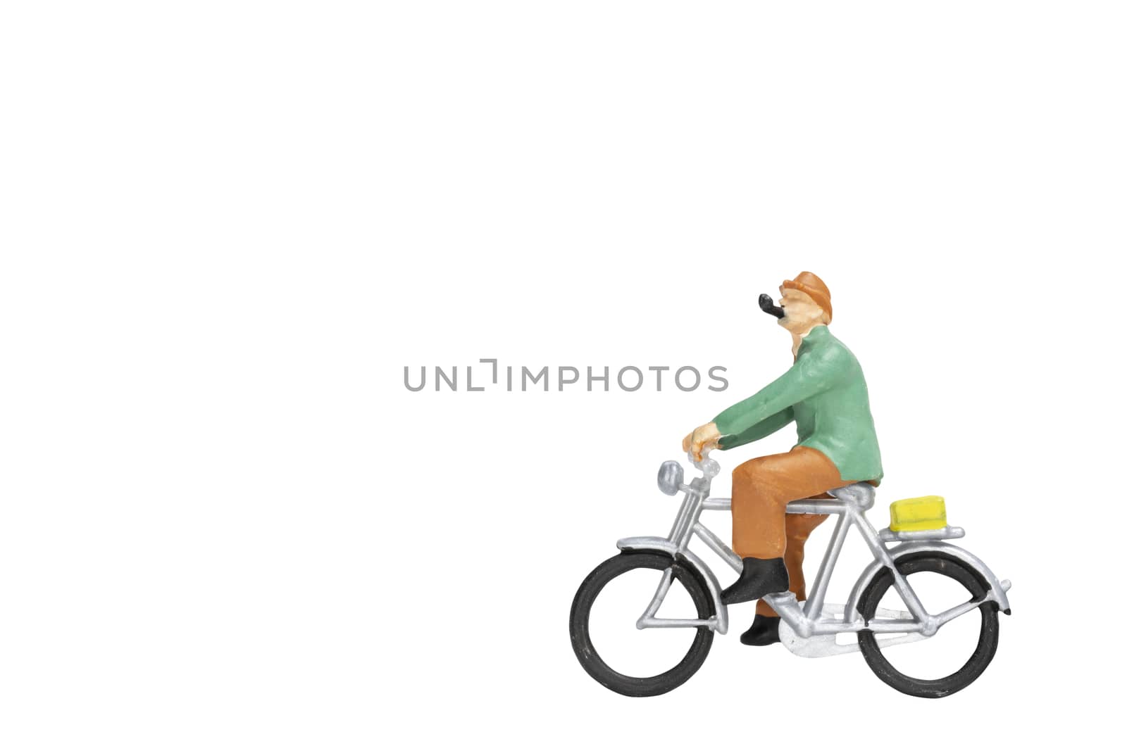 Miniature people travellers with bicycle isolate on white background with clipping path