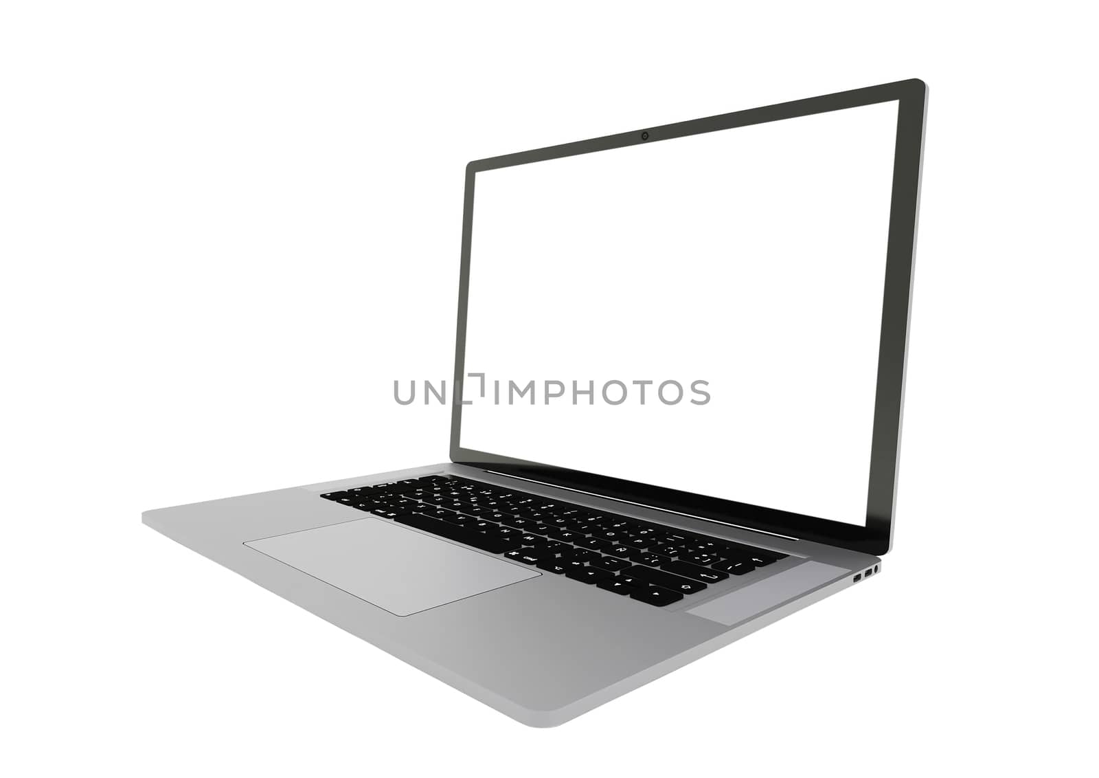 Silver laptop side view with white screen isolated on white background by Zhukow