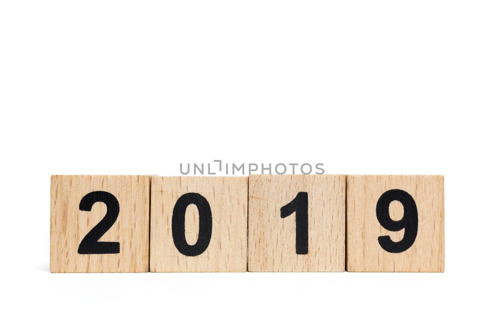 Wooden block Number 2019 isolated on white background , Happy new year concept


