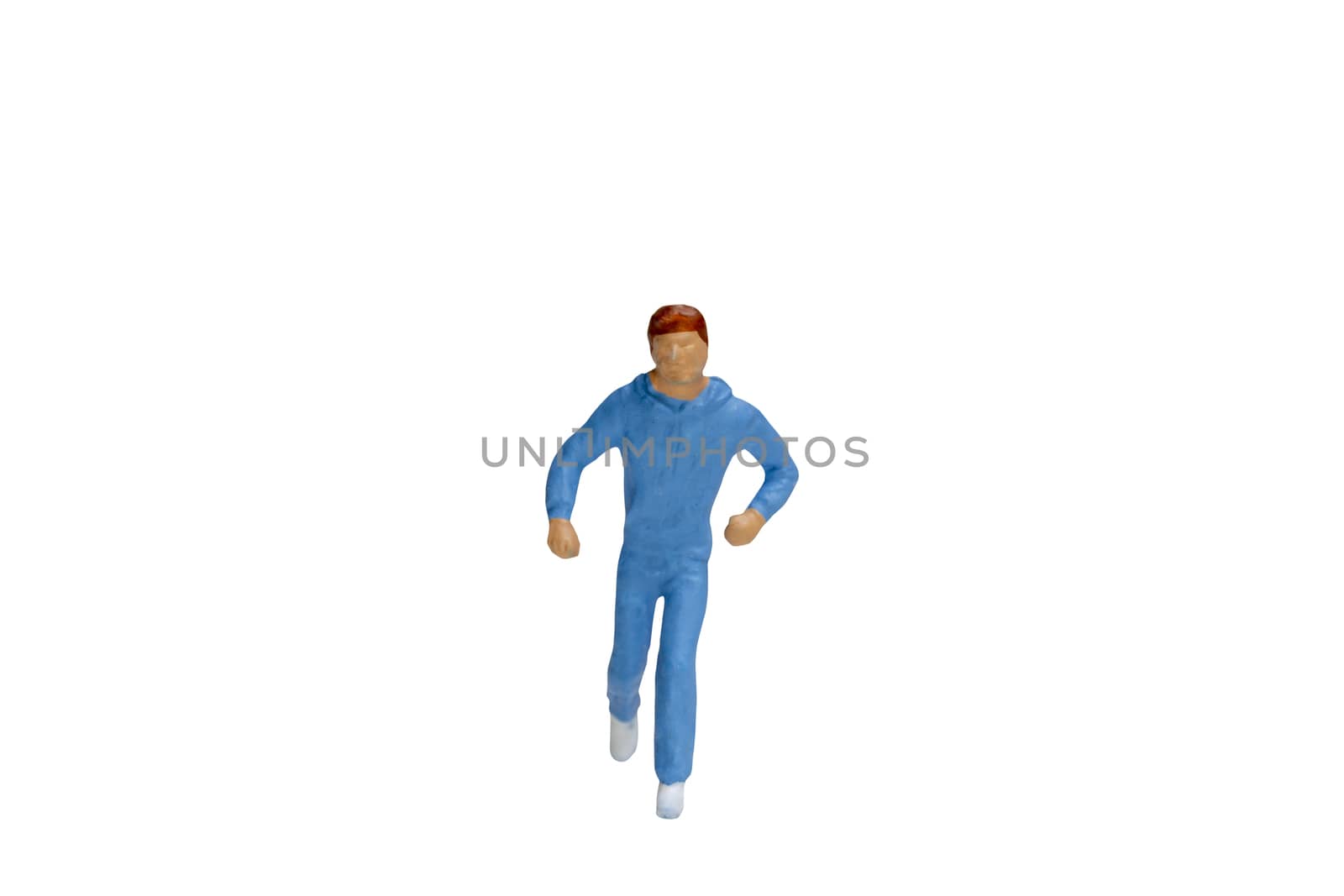 Miniature people running isolated on white background with clipping path