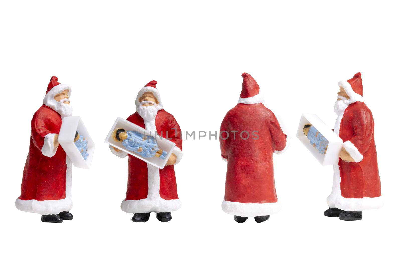 Miniature people Santa Claus holding gift box  isolated on white background with clipping path