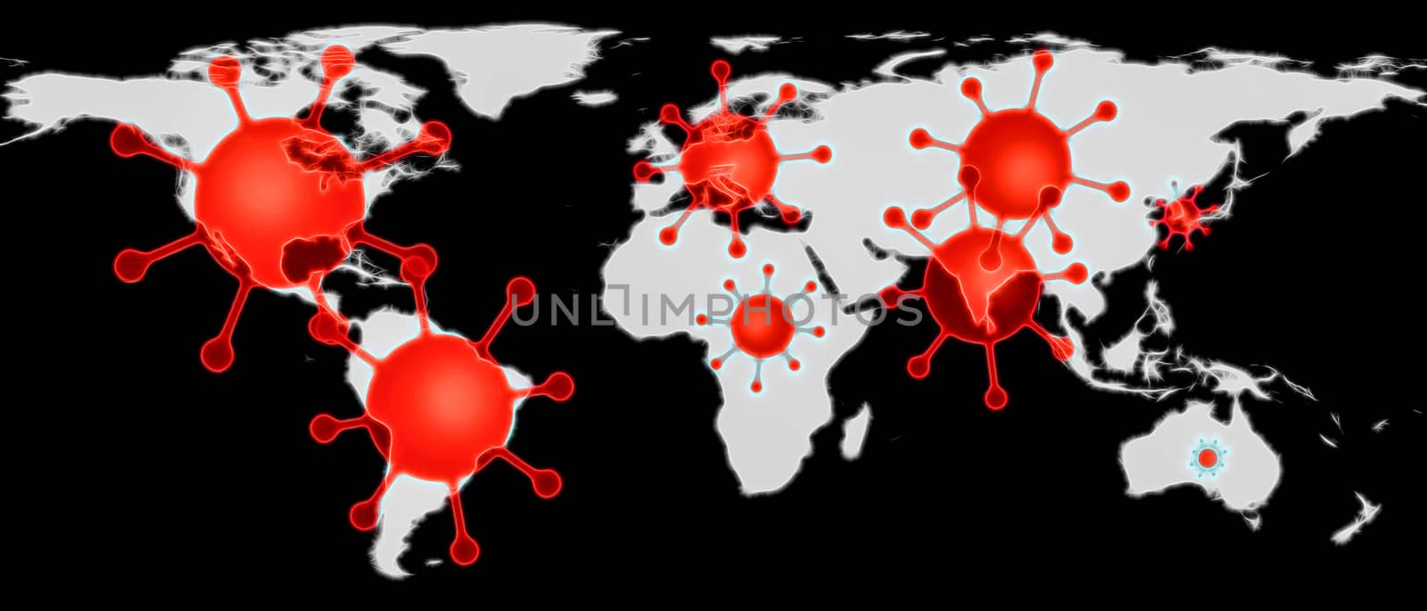 3D-Illustration of a world map showing corona virus hotspots in  by MP_foto71