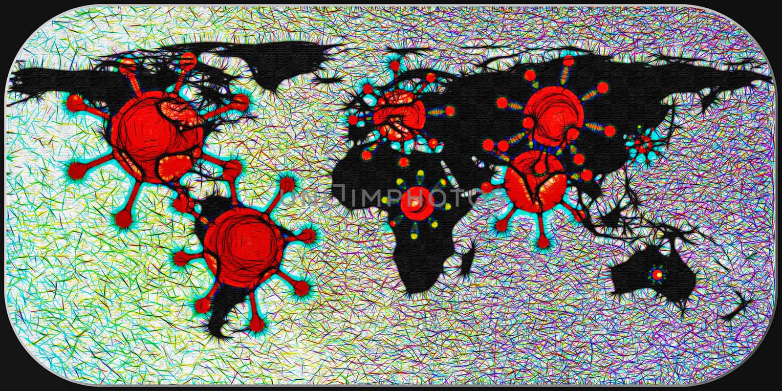 3D-Illustration of a world map showing corona virus hotspots in the USA, Brazil, India, Europe and russia with a medical protection mask