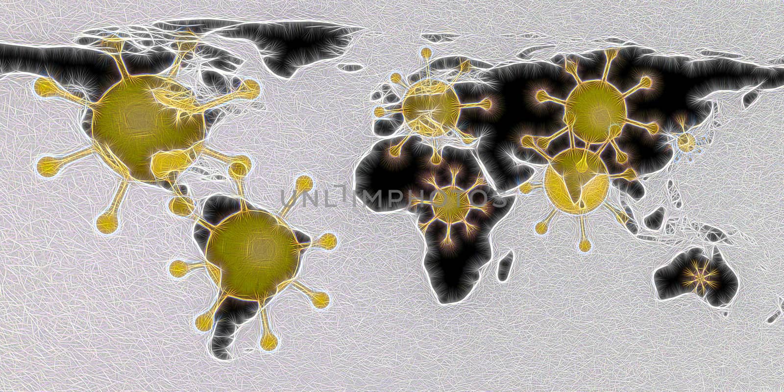 3D-Illustration of a world map showing corona virus hotspots in the USA, Brazil, India, Europe and russia with a medical protection mask
