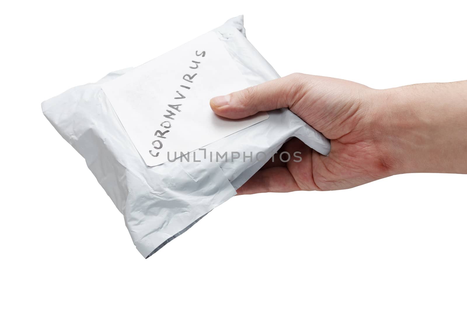 a hand holding small packet parcel from china with label coronavirus on it - isolated on white background.
