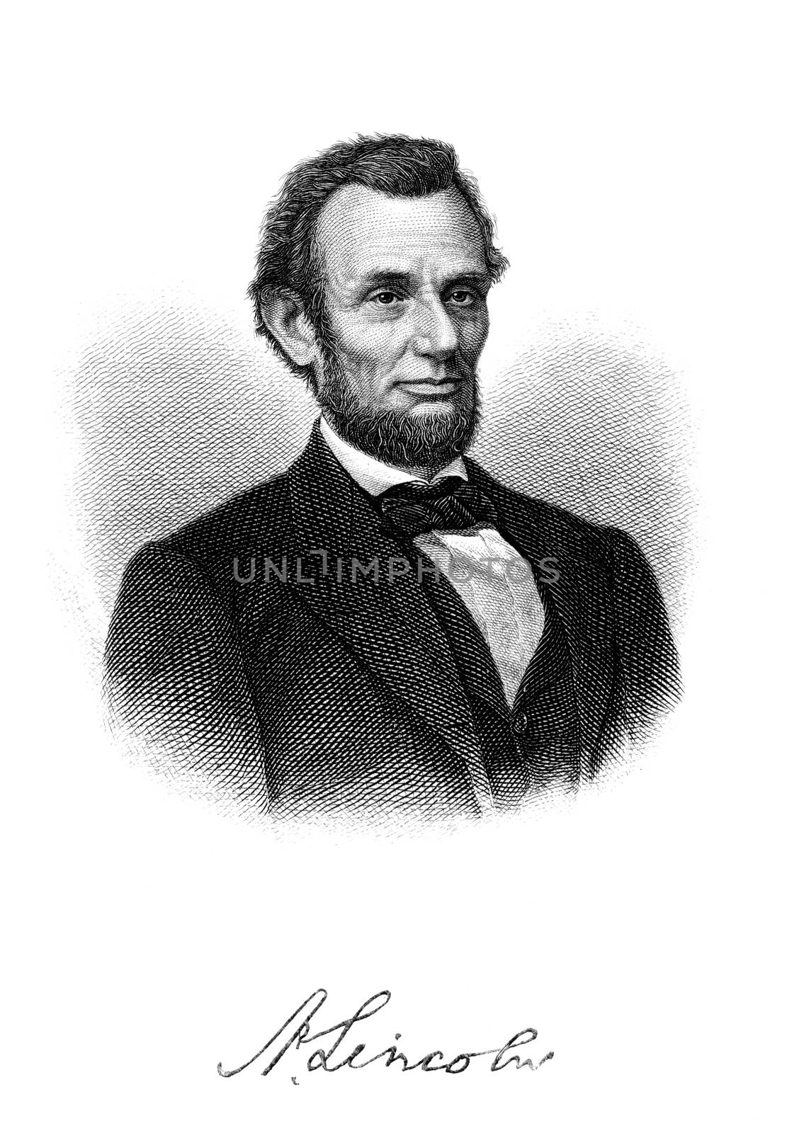 An engraved portrait image of  the USA president Abraham Lincoln by ant
