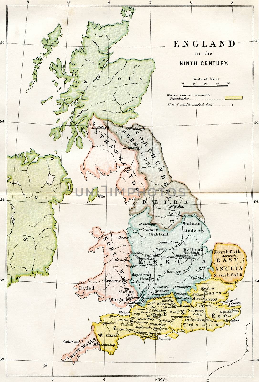 An engraved image showing a 9th century map of the kingdoms of  Anglo Saxon Dark Age Britain  from a Victorian book dated 1882 that is no longer in copyright stock image