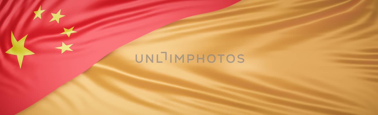 Beautiful China Flag Wave Close Up on gold silk banner background with copy space.,3d model and illustration.
