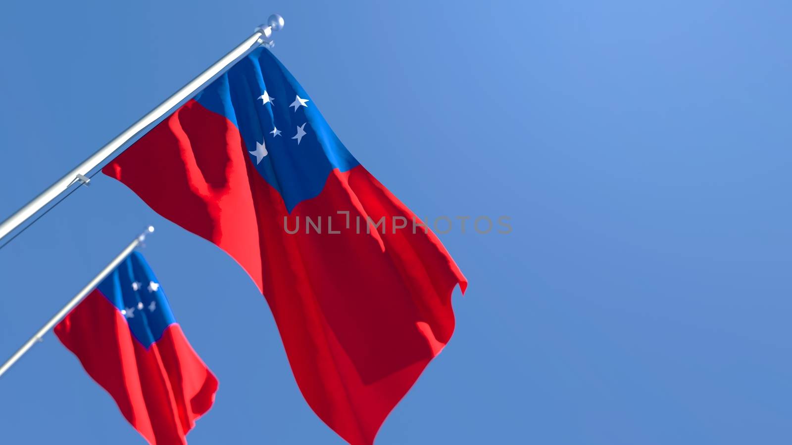 3D rendering of the national flag of Samoa waving in the wind against a blue sky