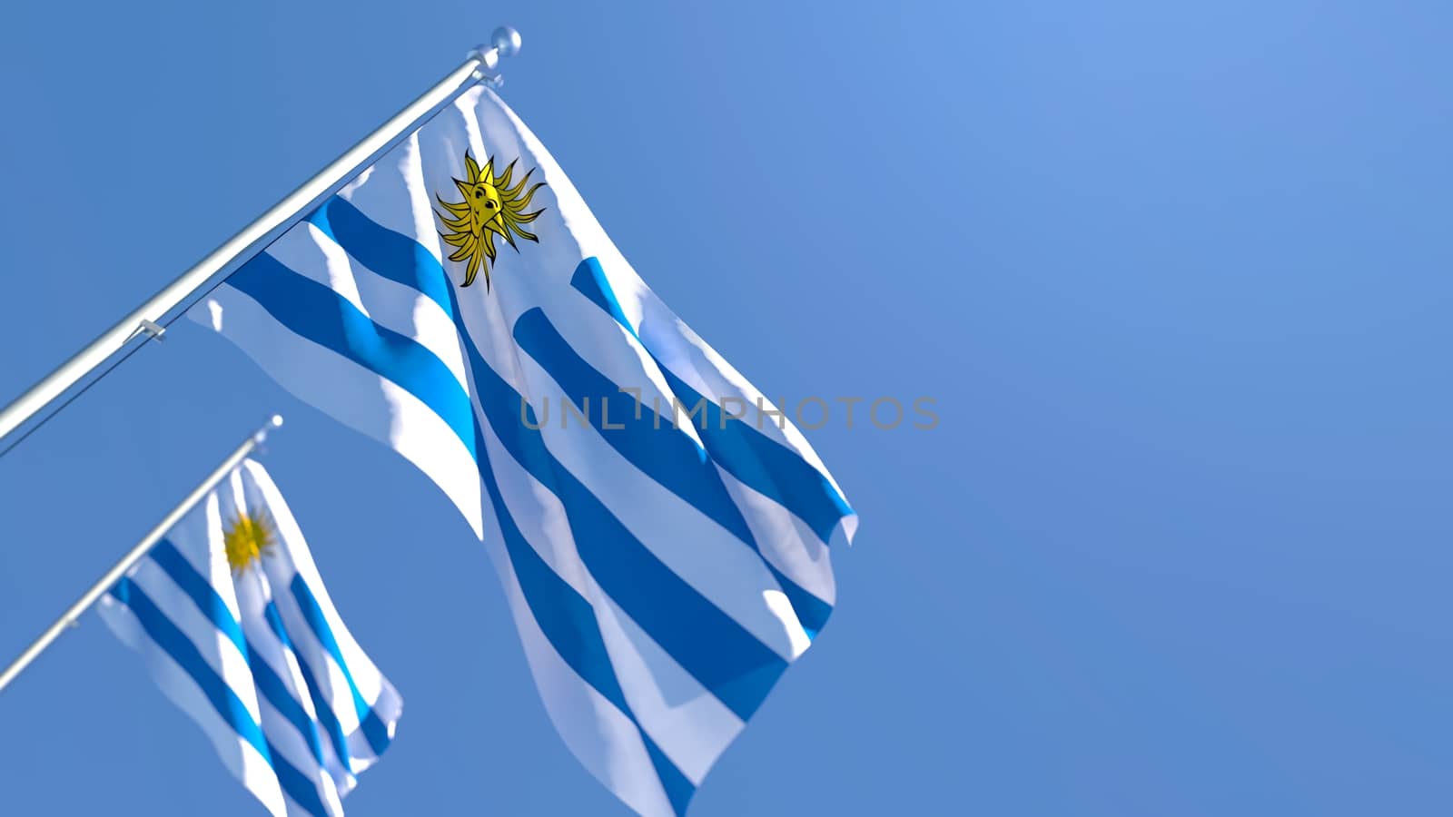 3D rendering of the national flag of Uruguay waving in the wind against a blue sky