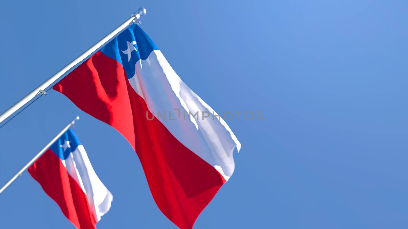 3D rendering of the national flag of Chile waving in the wind against a blue sky