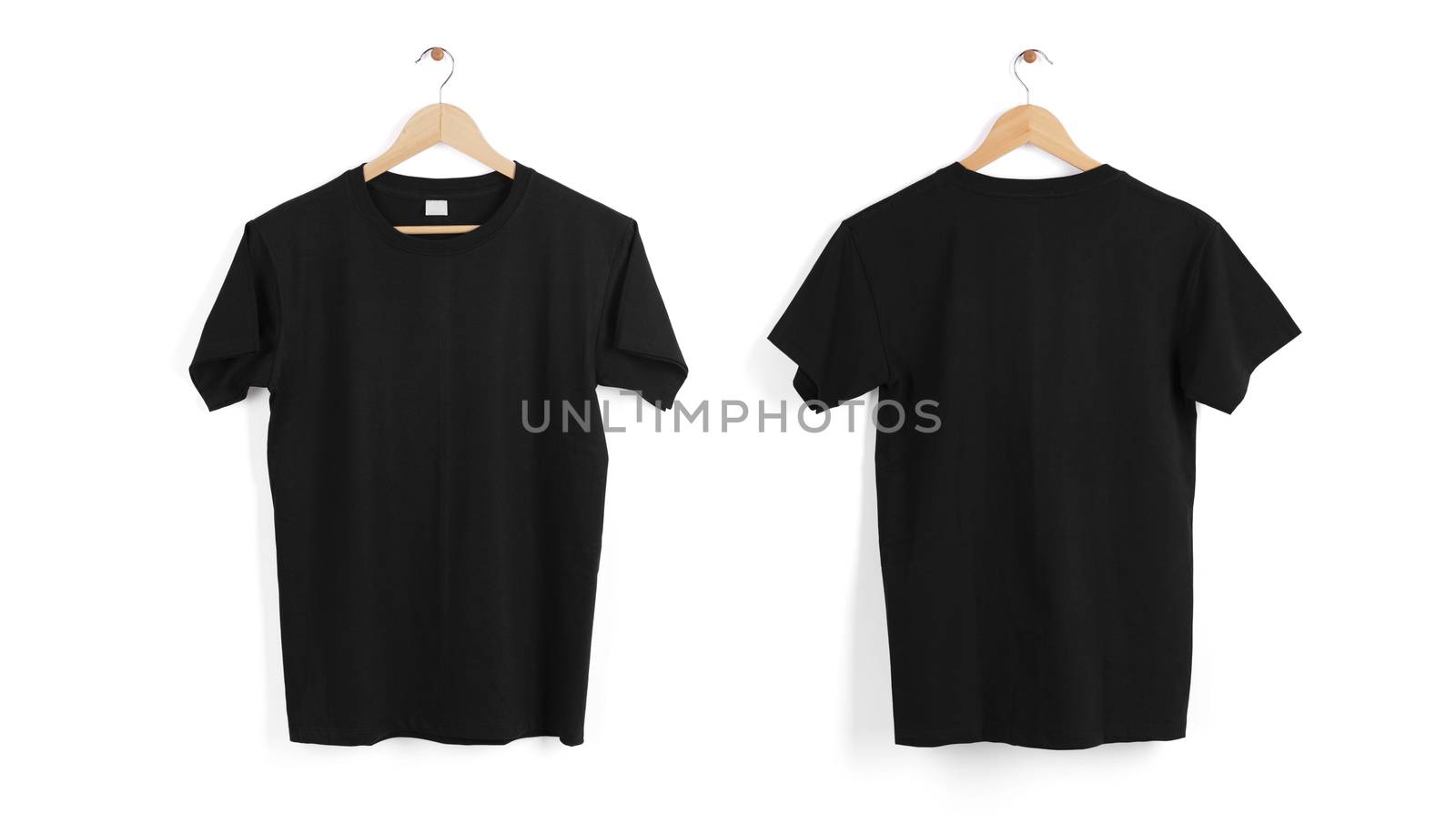 Mockup blank black T-shirt hanger isolated on white background. by barameeyay