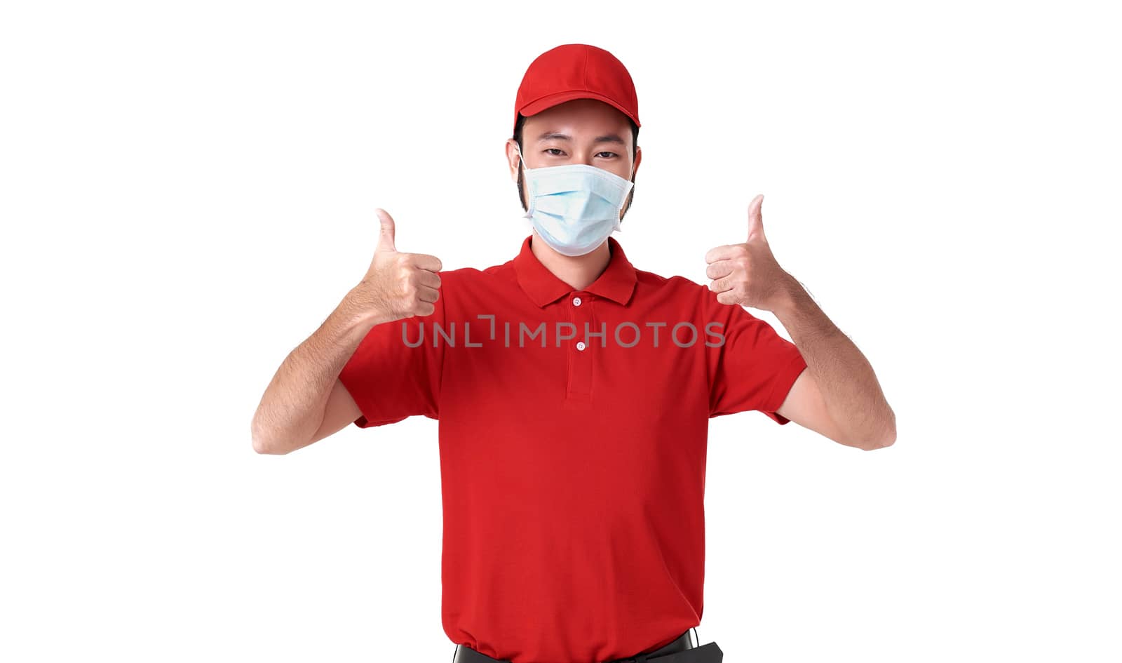 Asian delivery man wearing face mask in red uniform isolated over white background. by barameeyay