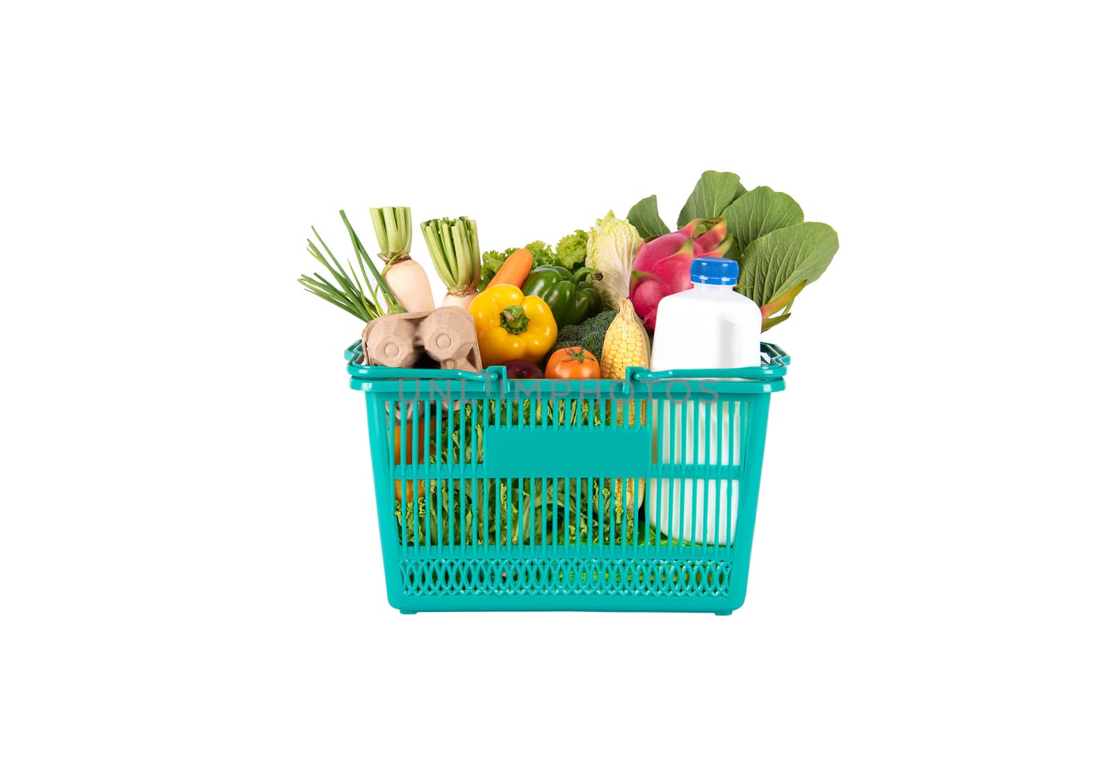 Green plastic grocery basket full of healthy vegetables and fruits,  ingredients isolated on white background. by barameeyay