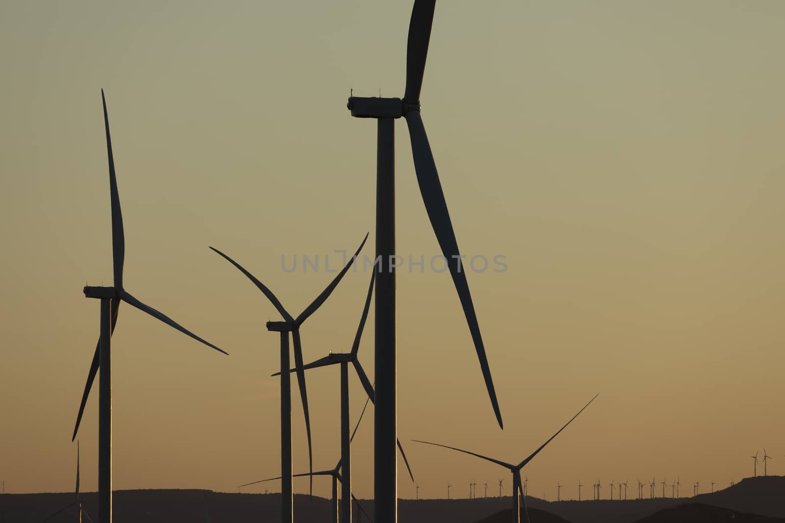 Silhouettes of wind turbines at sunset in the Ribera Alta del Ebro region, in Aragon, Spain.