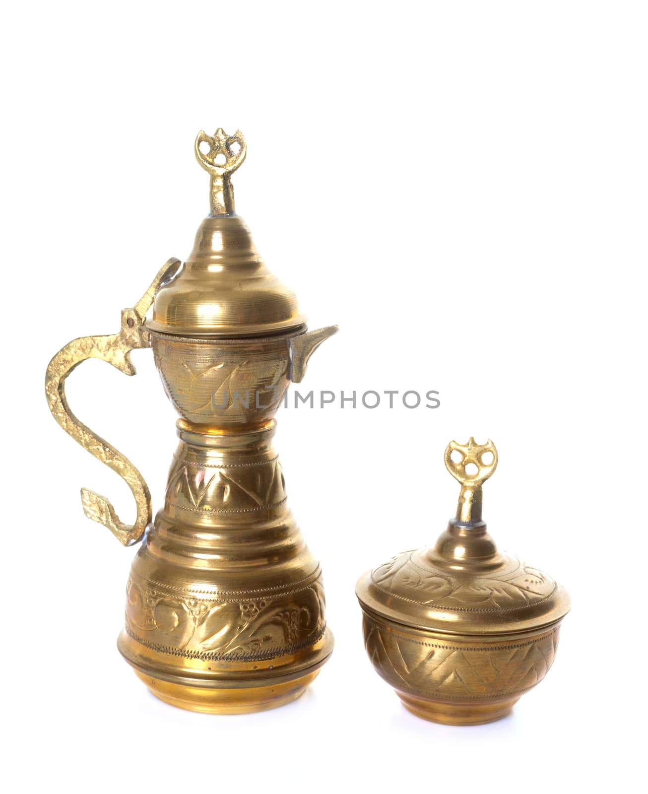 brass teapot in front of white background