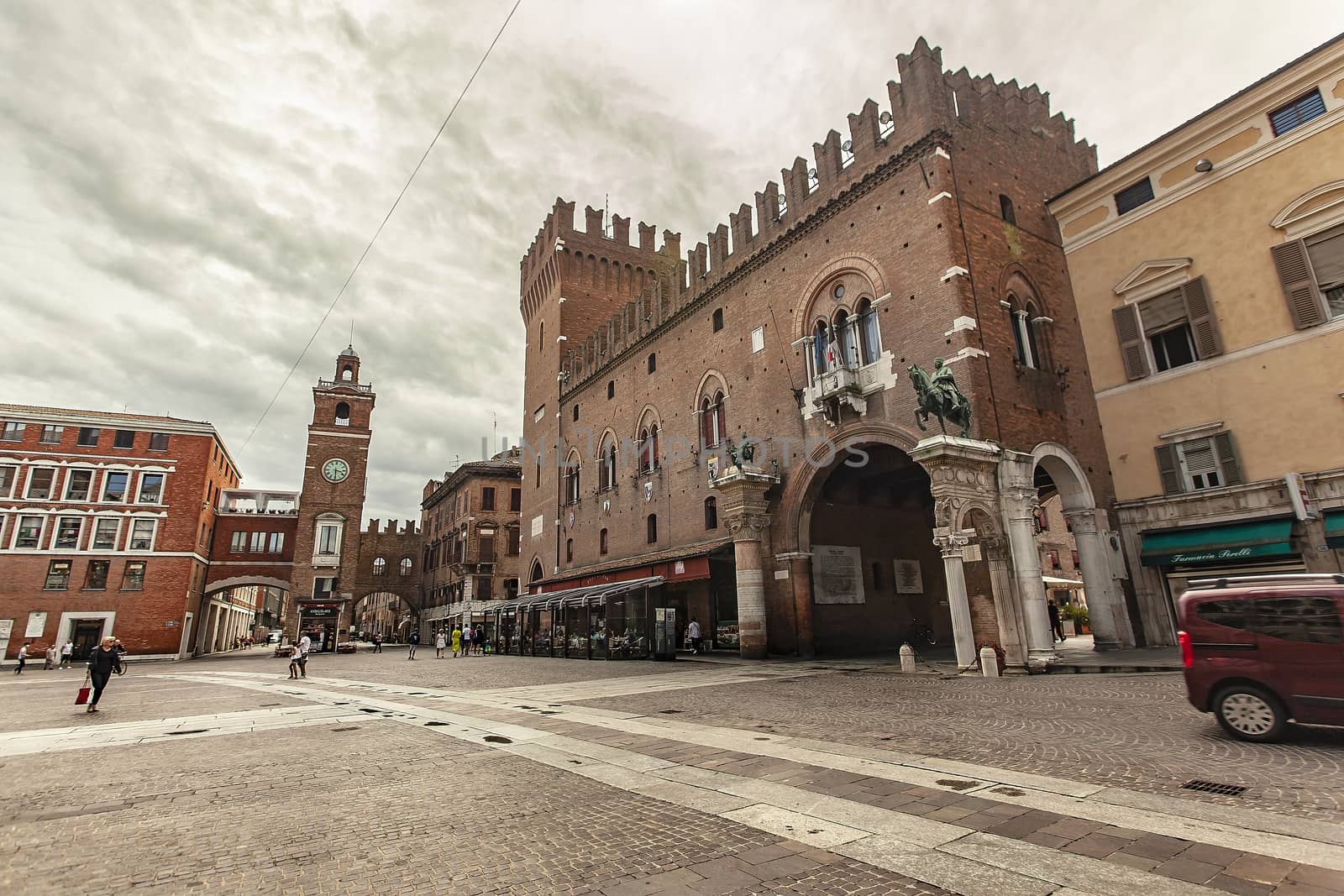 FERRARA, ITALY 29 JULY 2020 : Piazza del municipio in Ferrara in Italy a famous square in the city