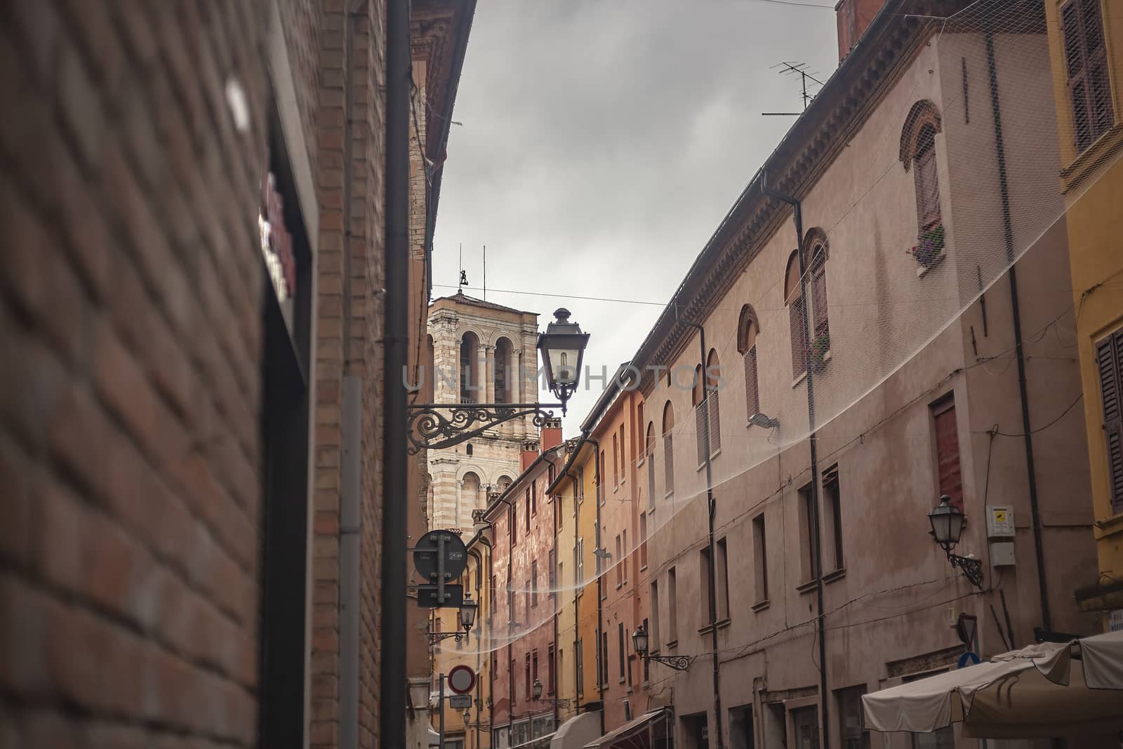 FERRARA, ITALY 29 JULY 2020 : Detail of historical buildings in Ferrara in Italy