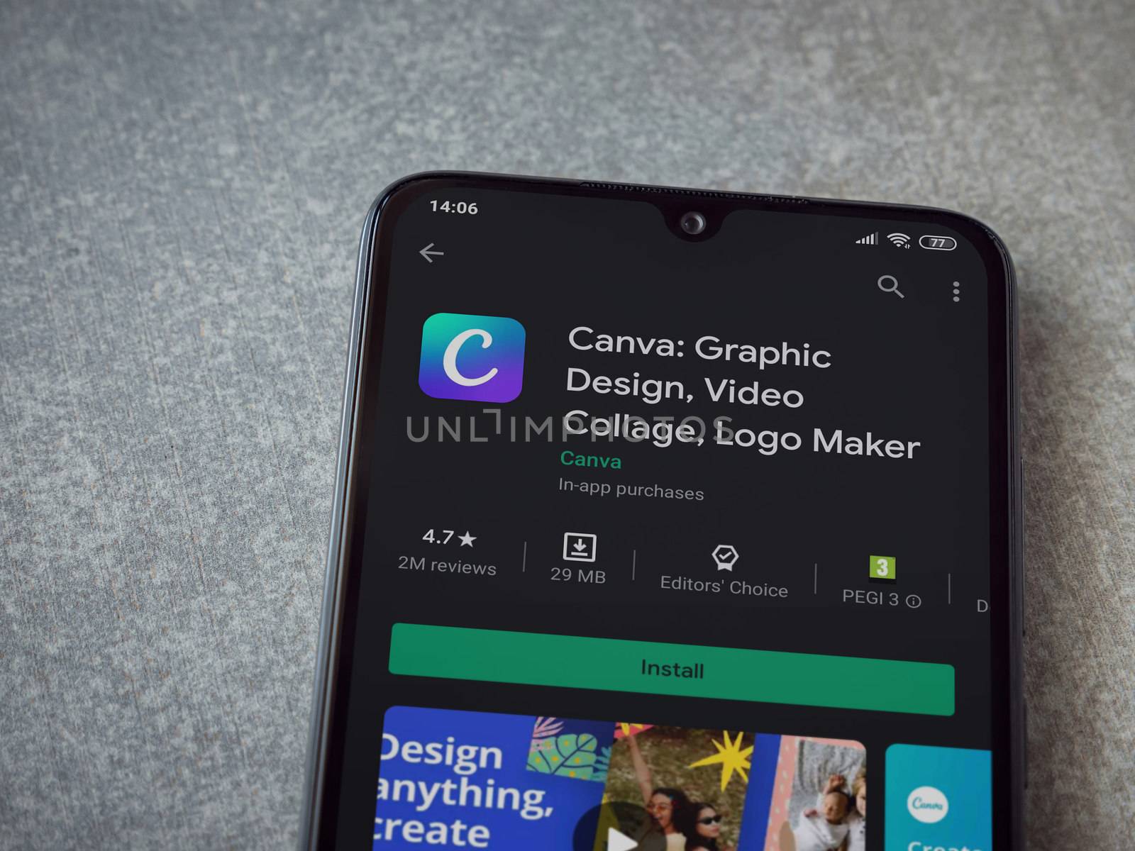 Lod, Israel - July 8, 2020: Canva - Graphic Design app play store page on the display of a black mobile smartphone on ceramic stone background. Top view flat lay with copy space. 