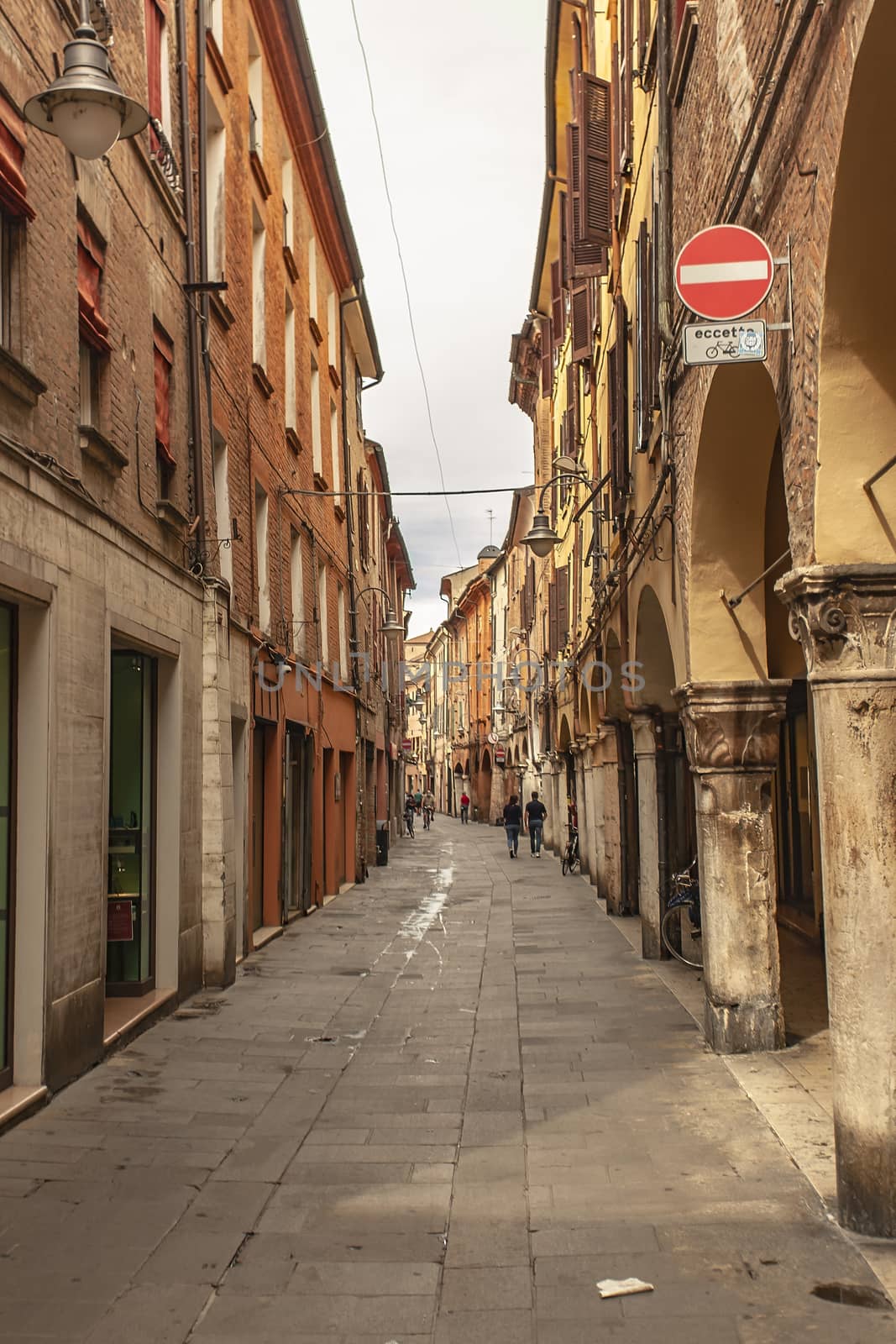 FERRARA, ITALY 29 JULY 2020 : Historical alley in the Italian city Ferrara