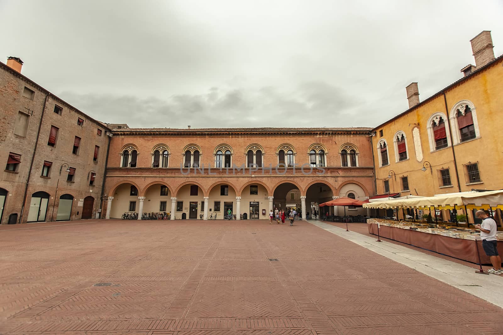 FERRARA, ITALY 29 JULY 2020 : Piazza municipale in Ferrara, a famous square in the historical city center of the Italian city
