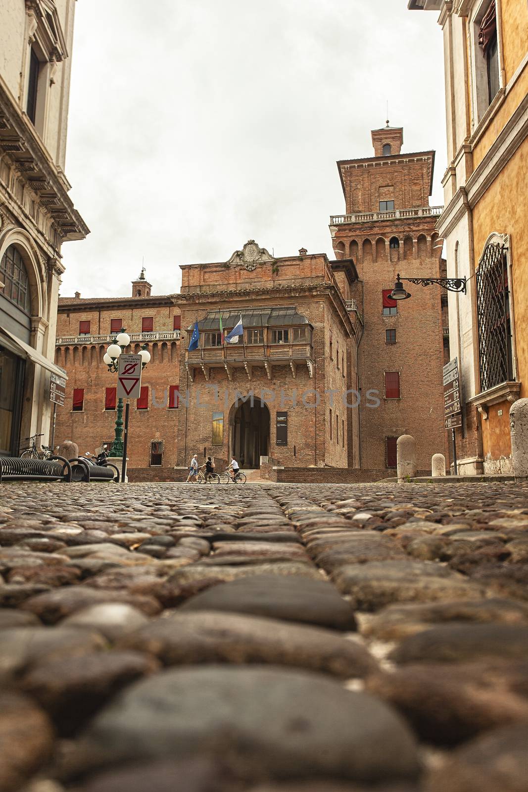 FERRARA, ITALY 29 JULY 2020 : View of the castle of Ferrara from the street in front of it