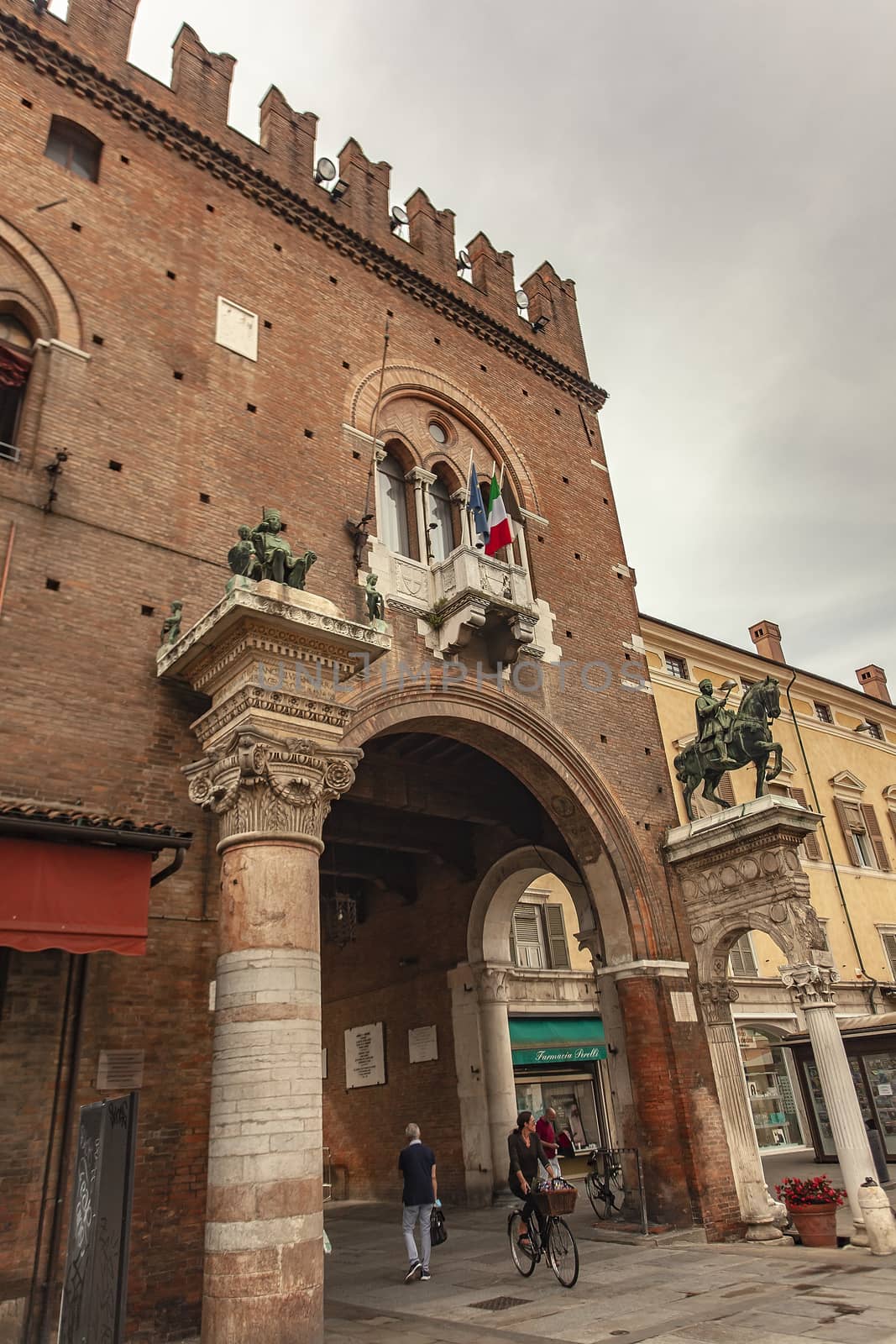 FERRARA, ITALY 29 JULY 2020 : Ferrara architecture detail from Palazzo del Municipio building