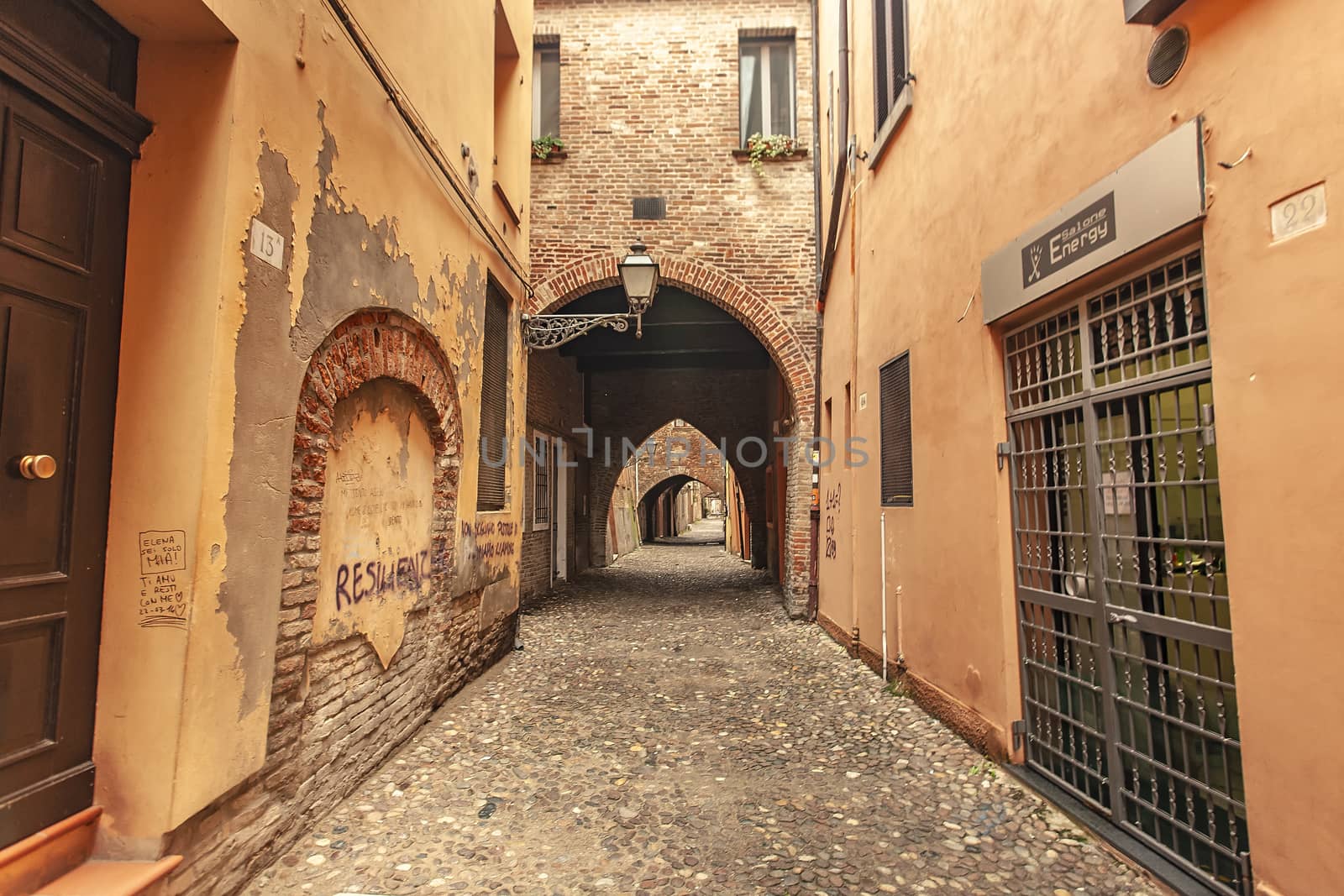 FERRARA, ITALY 29 JULY 2020 : Via delle Volte in Ferrara in Italy a famous alley in the Historical italian city