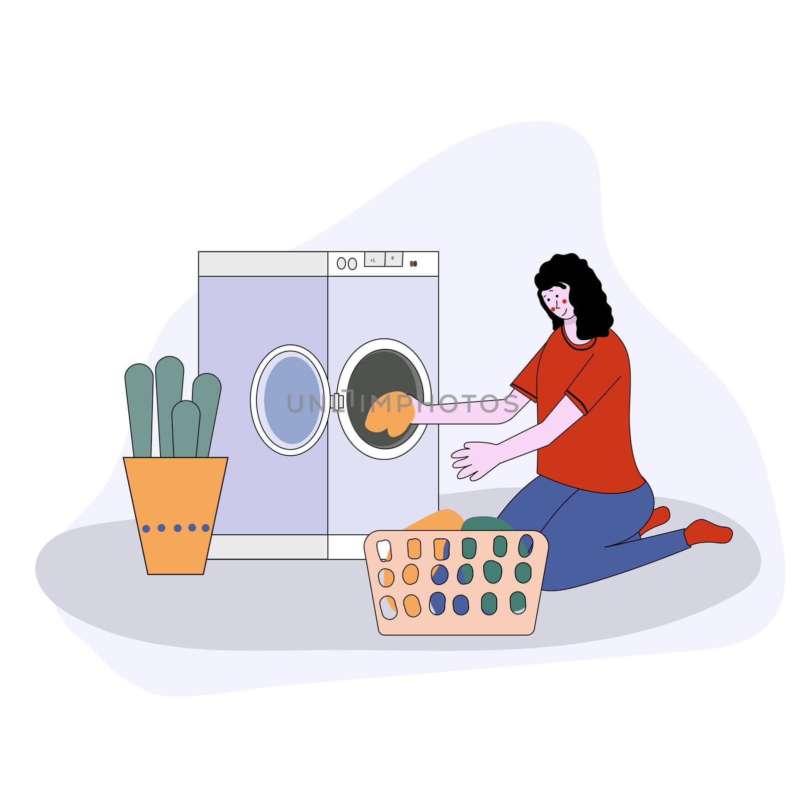 Woman doing laundry putting dirty clothes on washing machine from basket. illustration cartoon style. by zaryov
