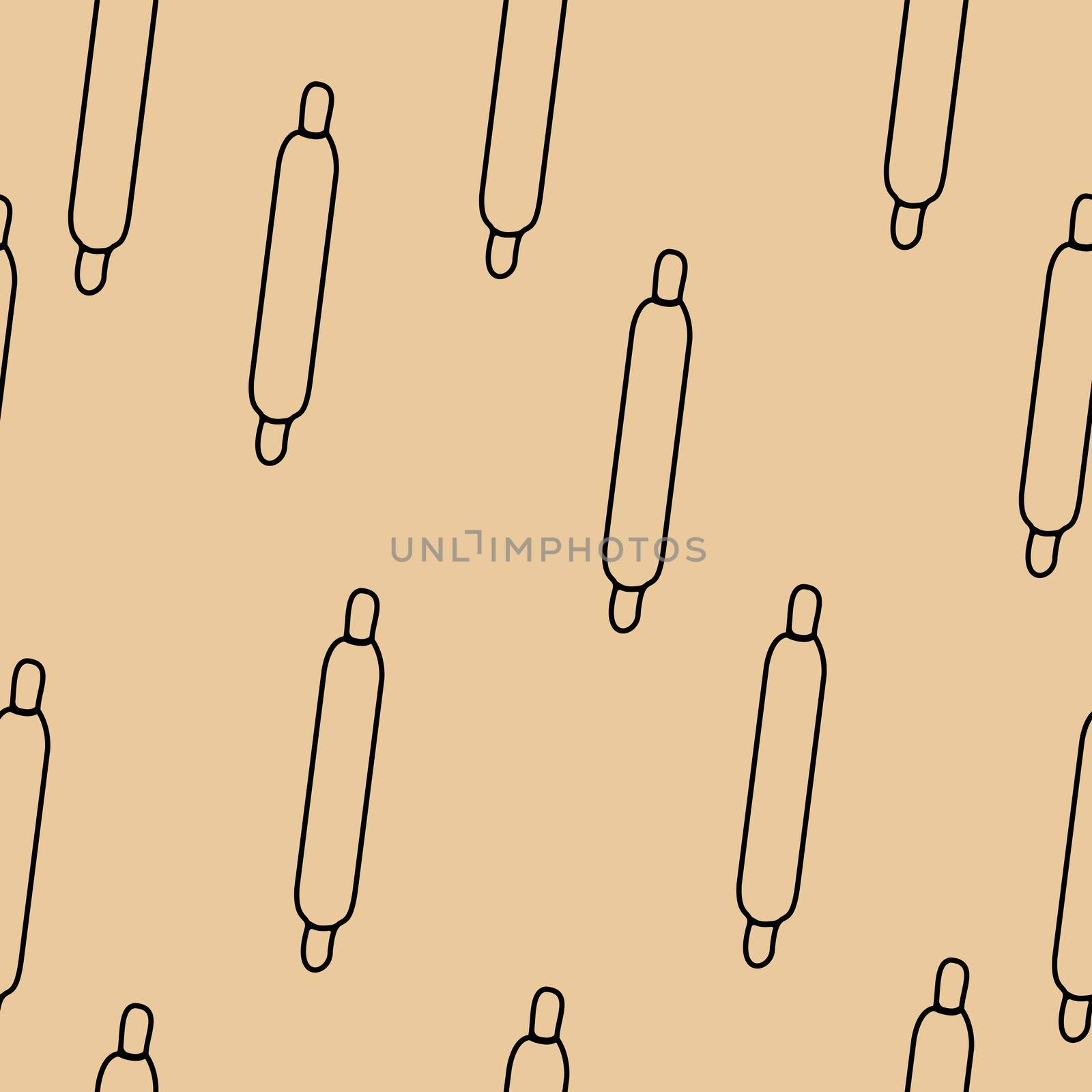 Rolling pin seamless pattern, hand drawn doodle sketch, sign and symbols black and white illustration.