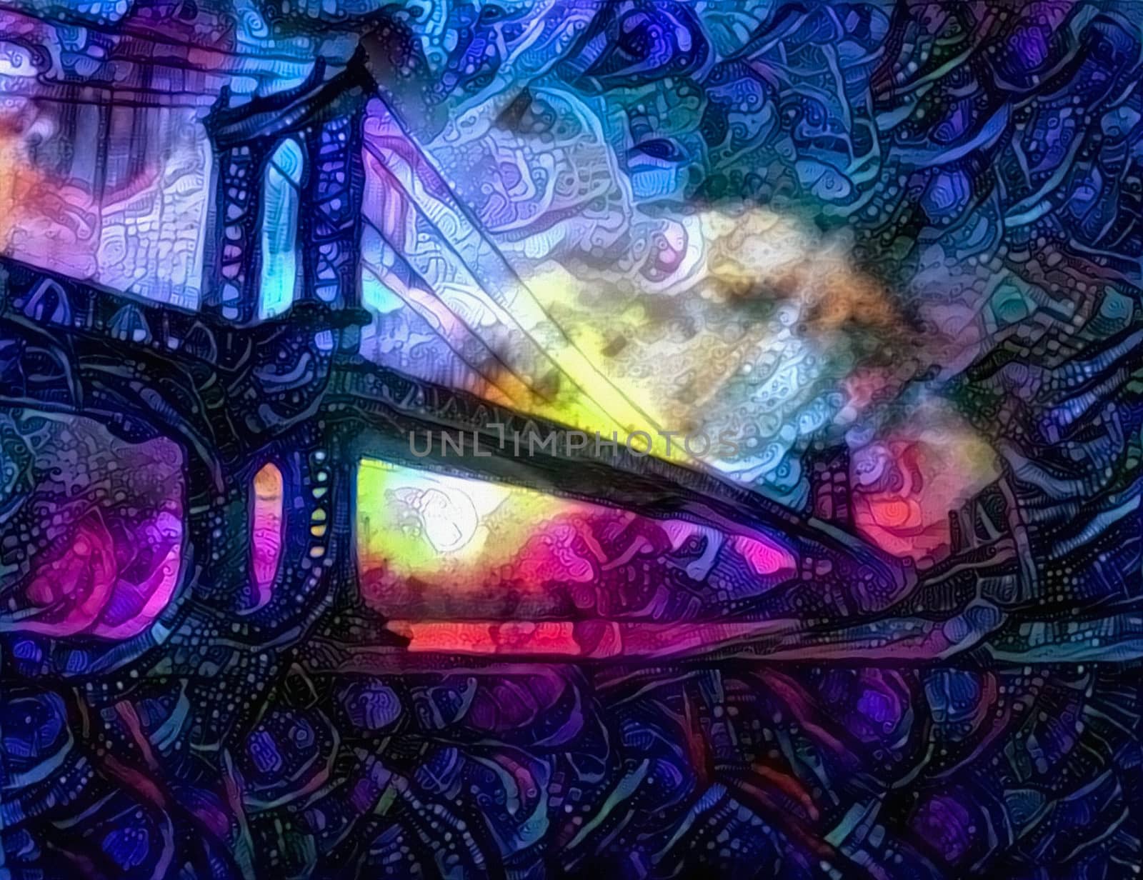Abstract painting in vivid colors with mystic pattern. Manhattan bridge