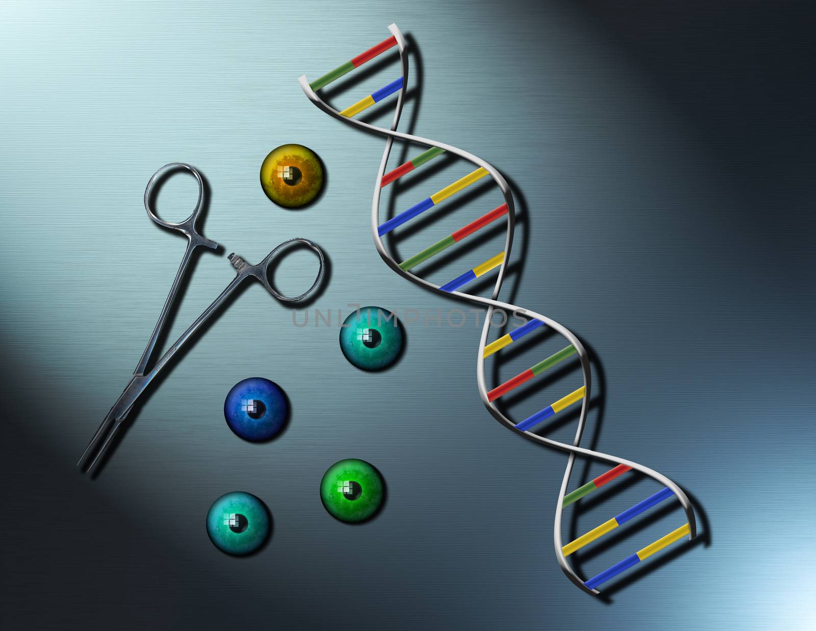 Genetic medicine. DNA strand and colorful eye balls