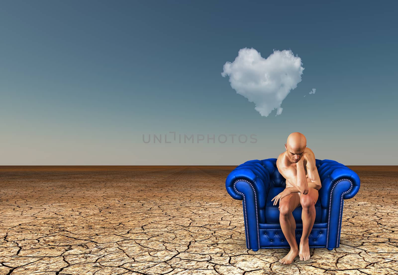 Man contemplates in desert with heart shaped cloud