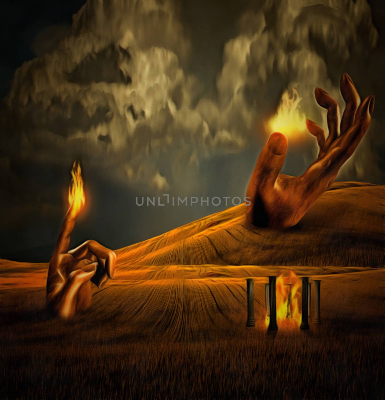 Surreal painting. Giant hands with flame on a field, ancient temple of fire.