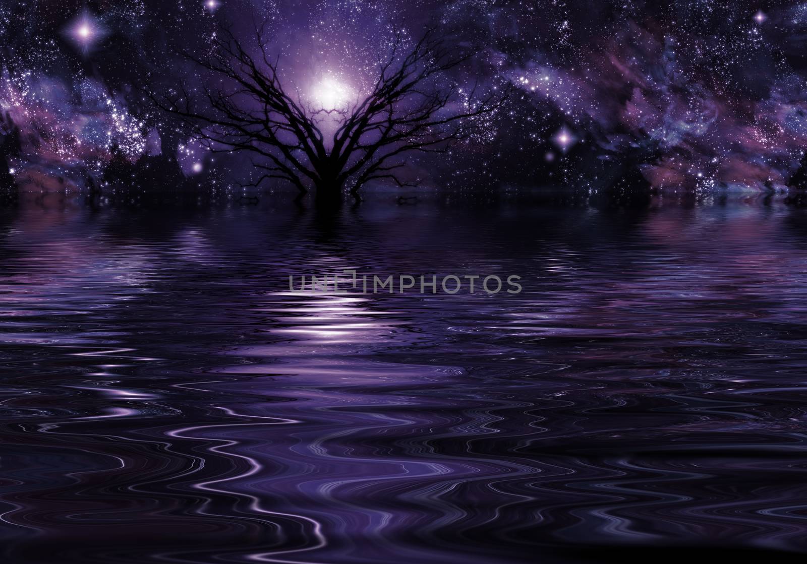 Deep Purple Fantasy Landscape. Mystic tree in the water