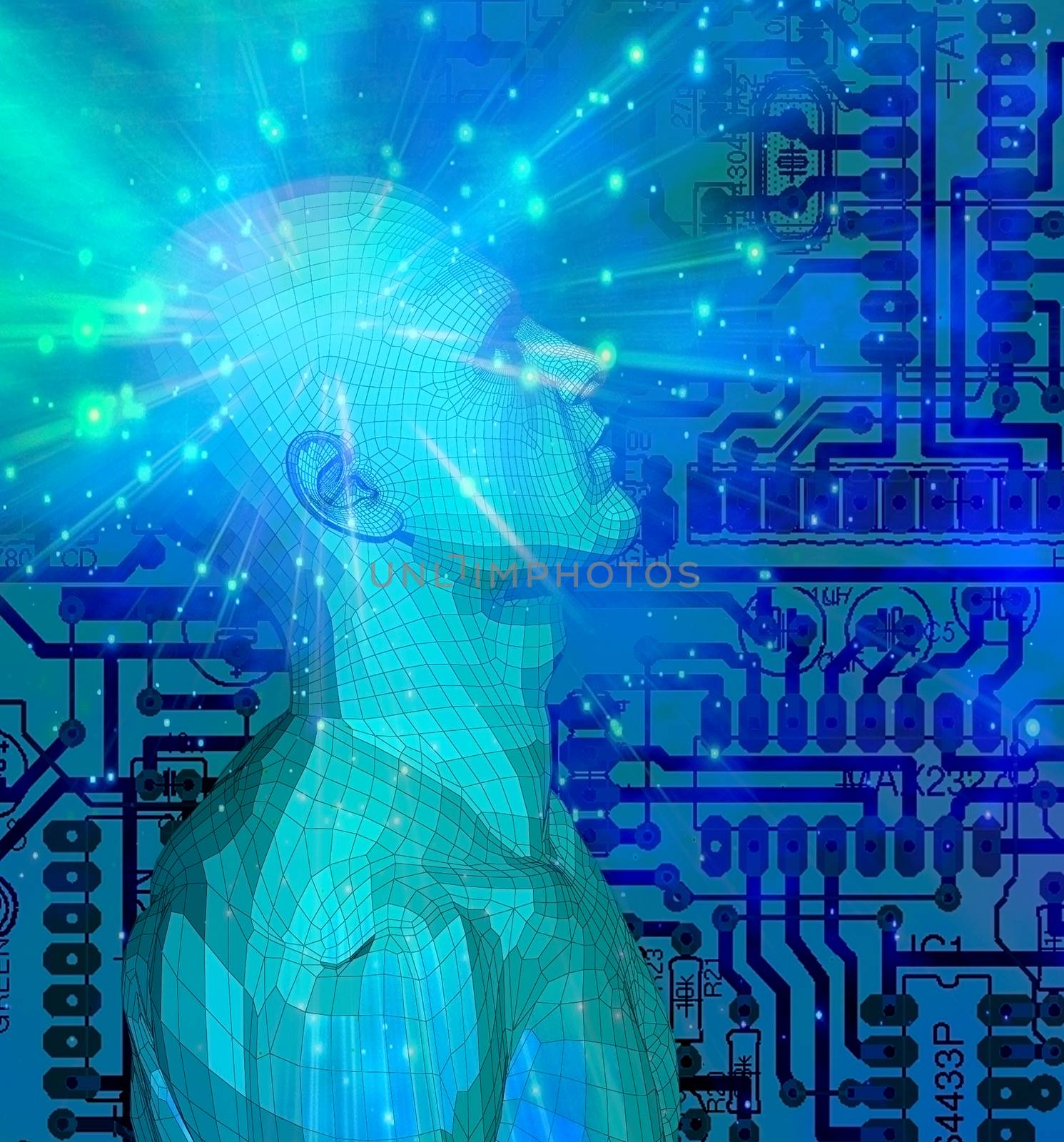 Mind Technology. Droid on electronic circuit background