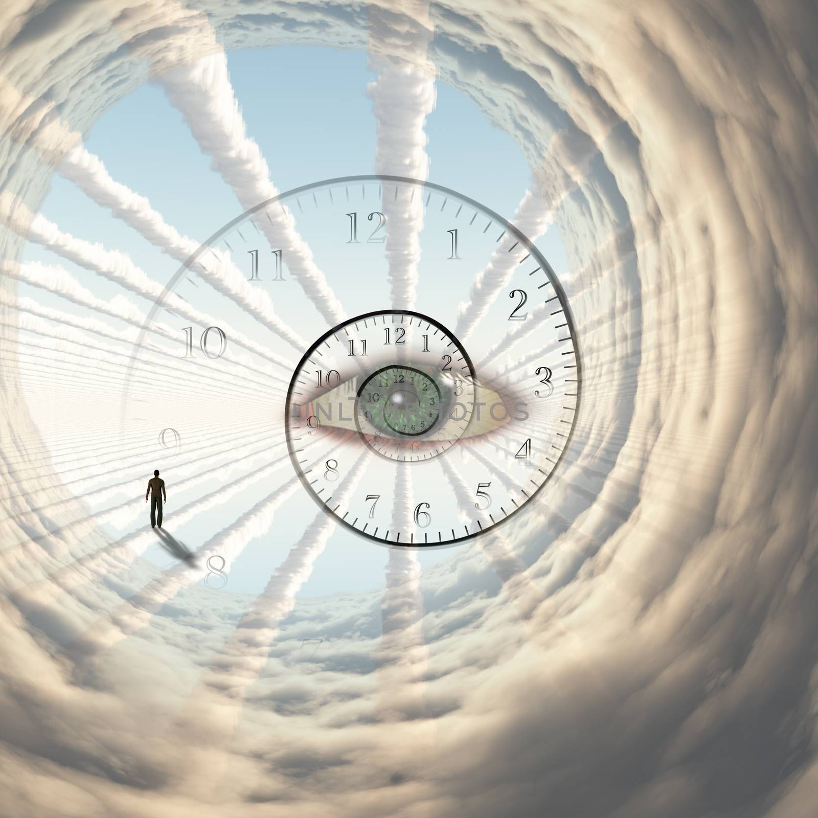 Figure of man in cloud's tunnel. God's eye and spiral of time.