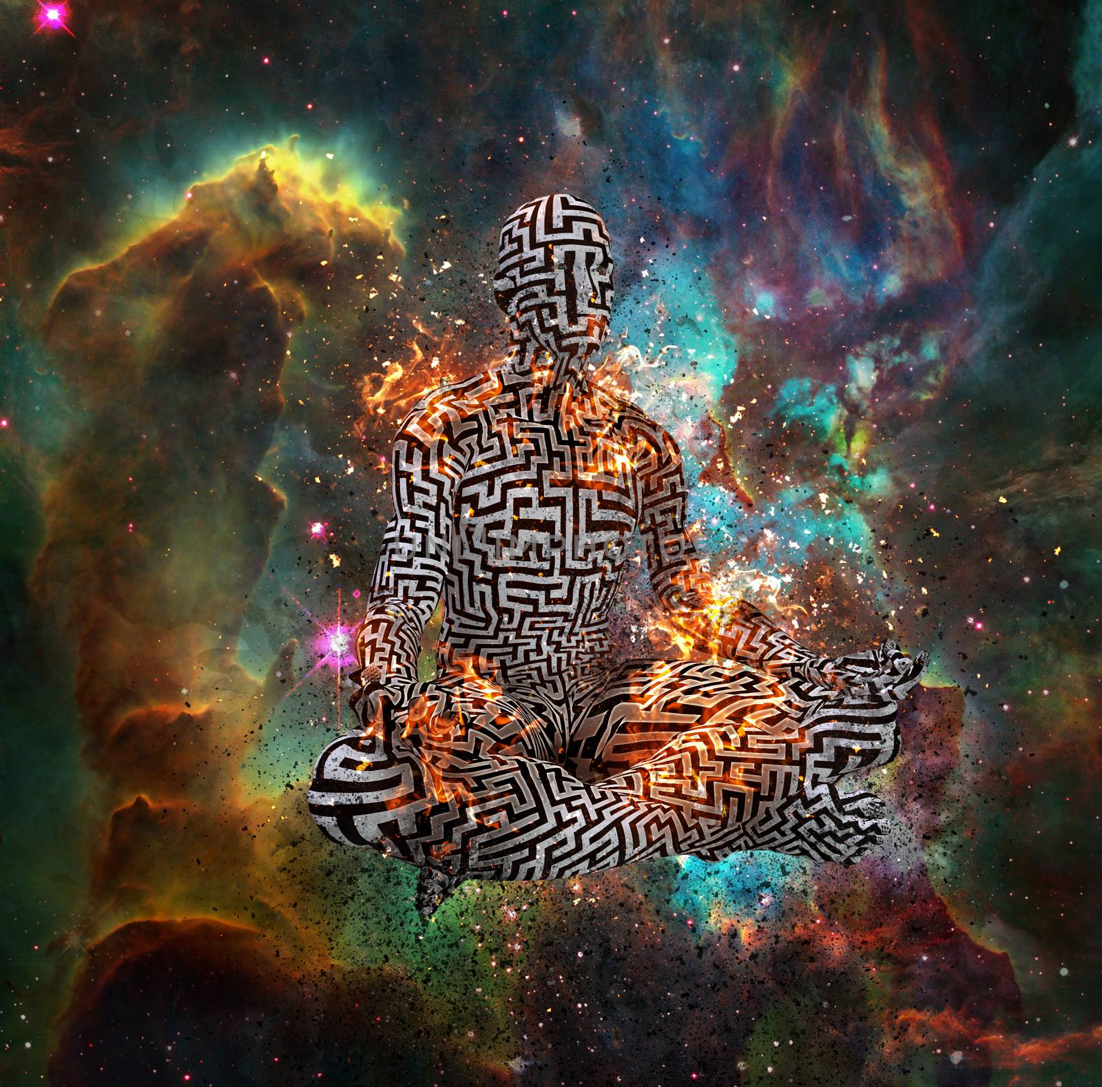 Surrealism. Figure of man with maze pattern in lotus pose in flames. 3D rendering