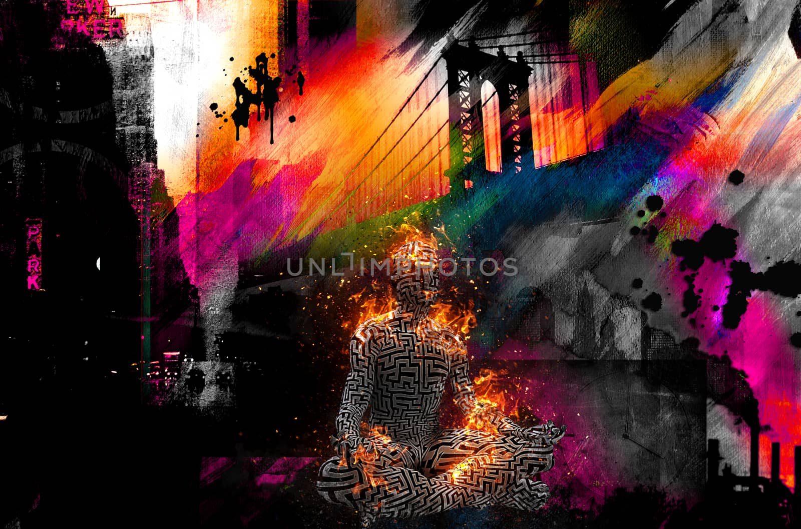 Colorful painting. Manhattan bridge. Burning figure of man in lotus pose.