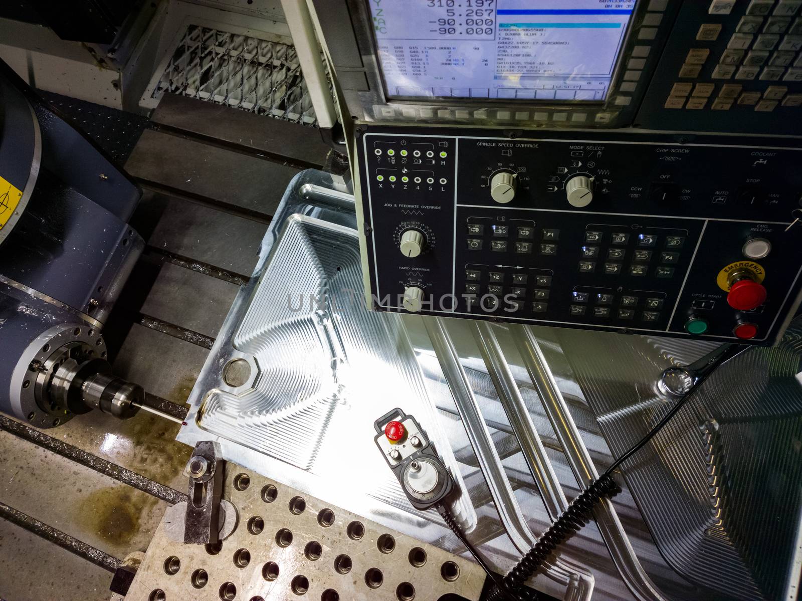 Measuring process with ruby touch probe on large CNC milling machine in jog mode.